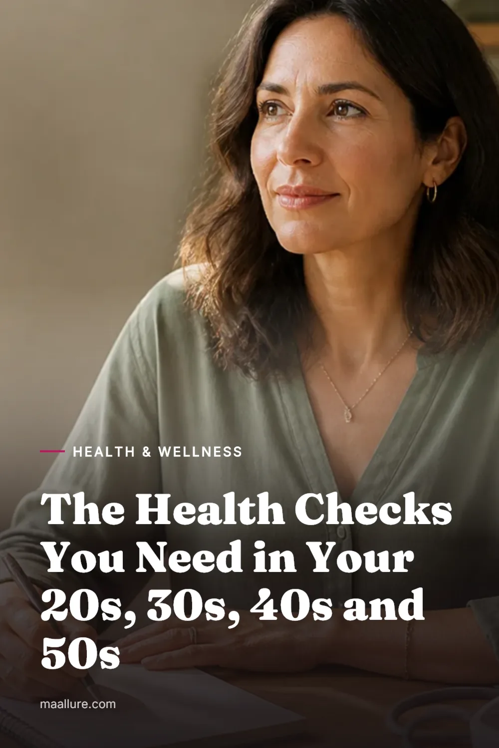 Woman at a sunlit kitchen table with a notebook, tea and a home blood pressure monitor, preparing for a health screening appointment