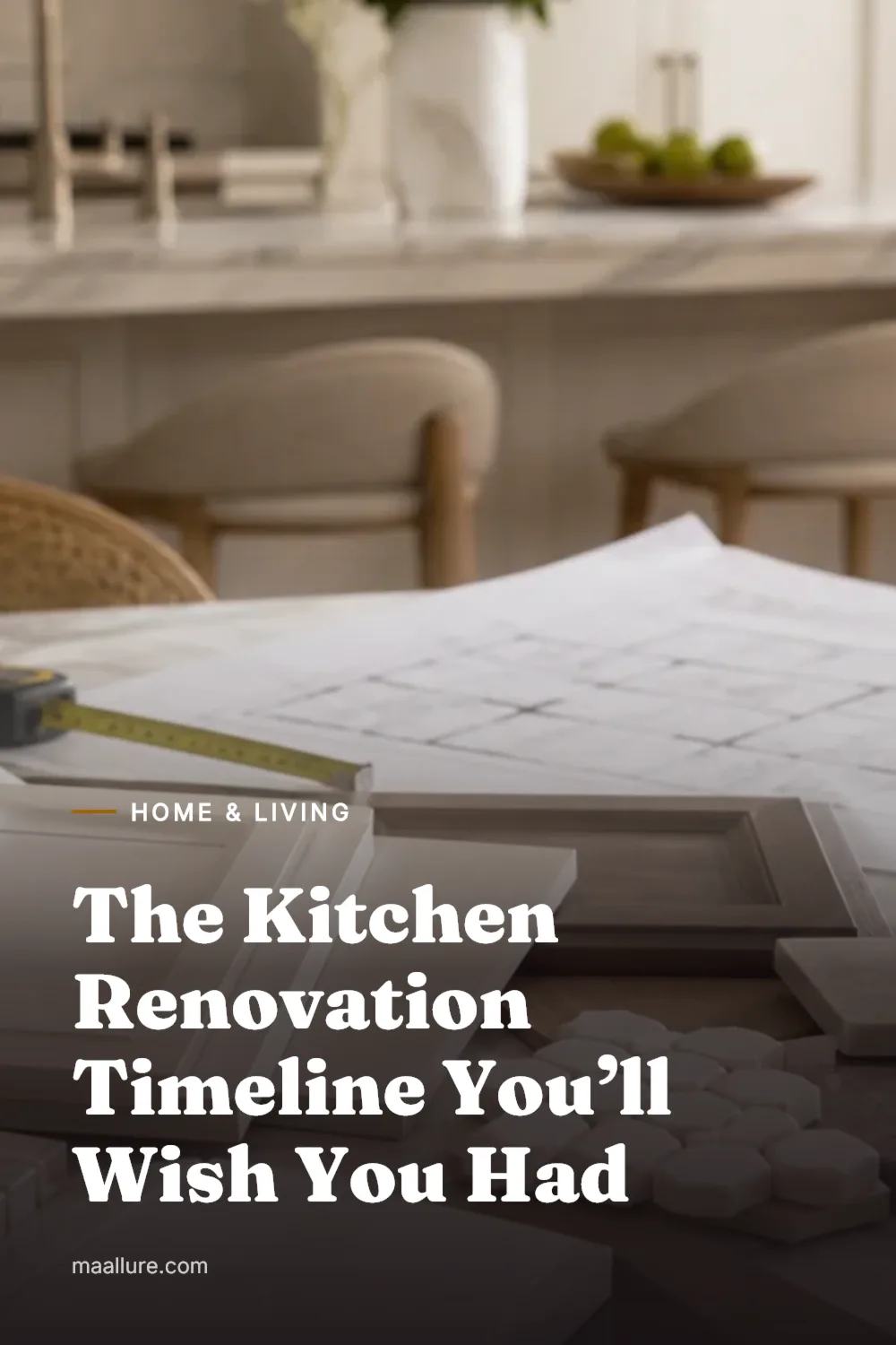 Kitchen renovation planning materials with samples, floor plans and measuring tape on a table