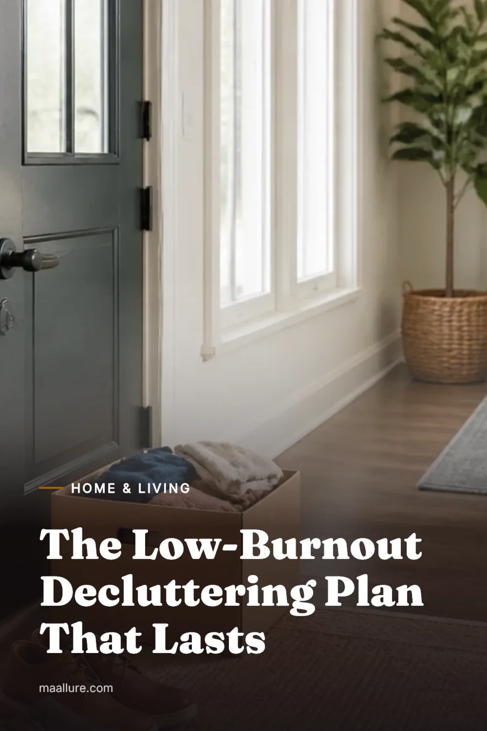 A tidy entryway with shoes, a key tray and a donation box ready to leave the house
