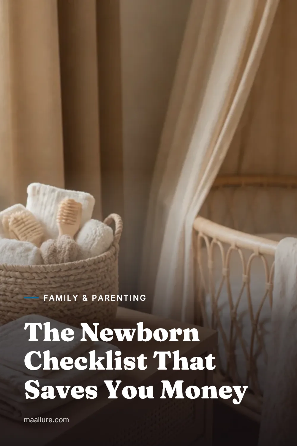 Minimal newborn essentials arranged beside a safe bassinet in a calm nursery
