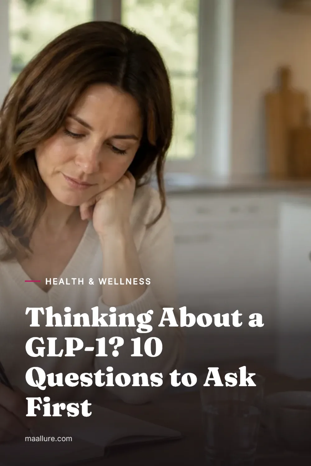 Woman at a sunlit kitchen table writing questions in a notebook to prepare for a doctor's appointment