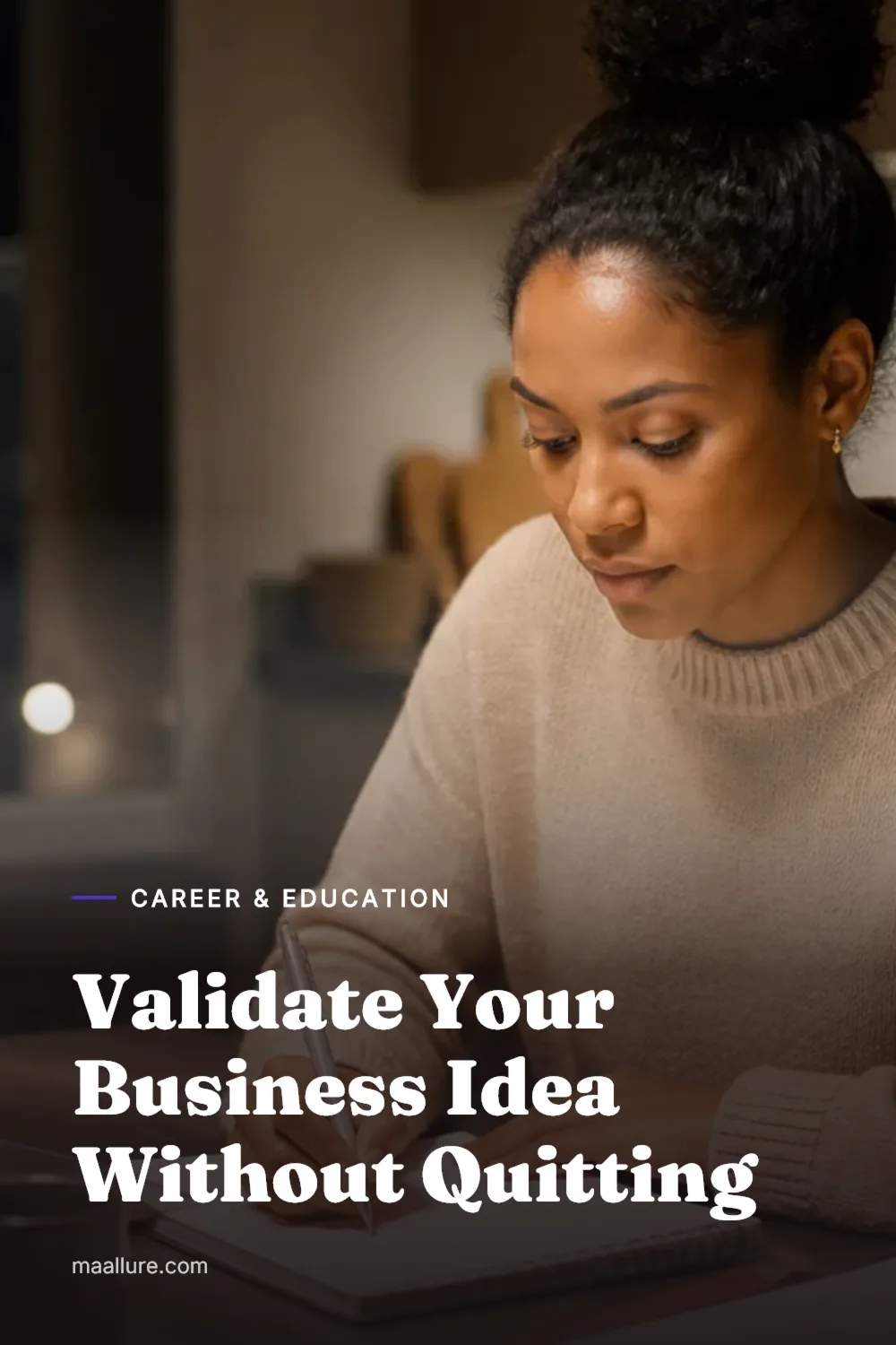 A woman reviewing a business idea at a kitchen table with laptop and notebook in the evening
