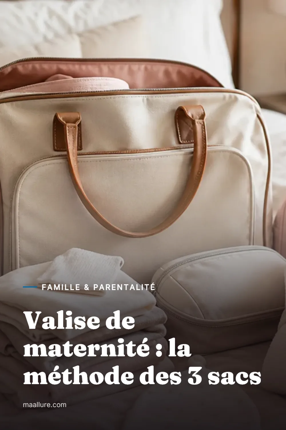 Valise de maternité ouverte et organisée sur un lit avec pyjama doux, langes, chaussons et trousse de toilette