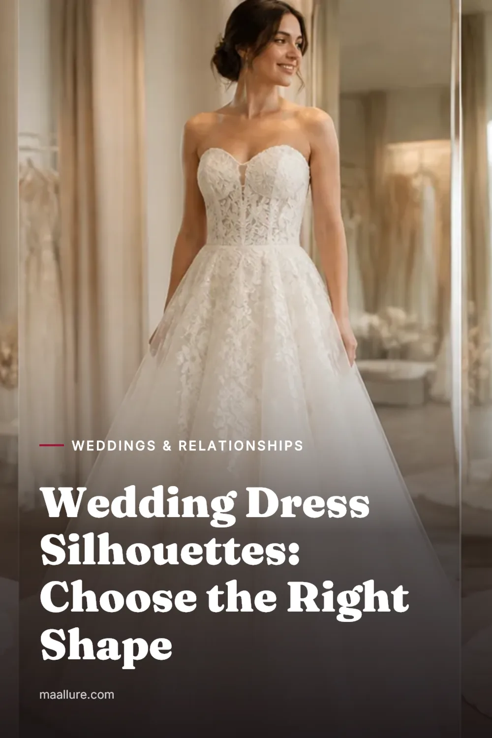 Bride trying on different wedding dress silhouettes in a bridal boutique