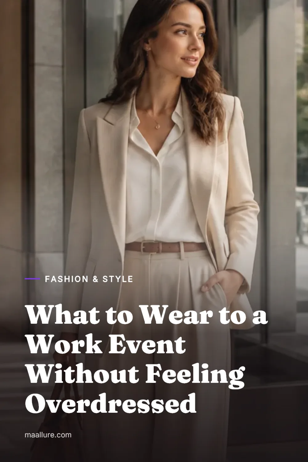 Woman in a tailored blazer and trousers preparing for a polished work event outfit