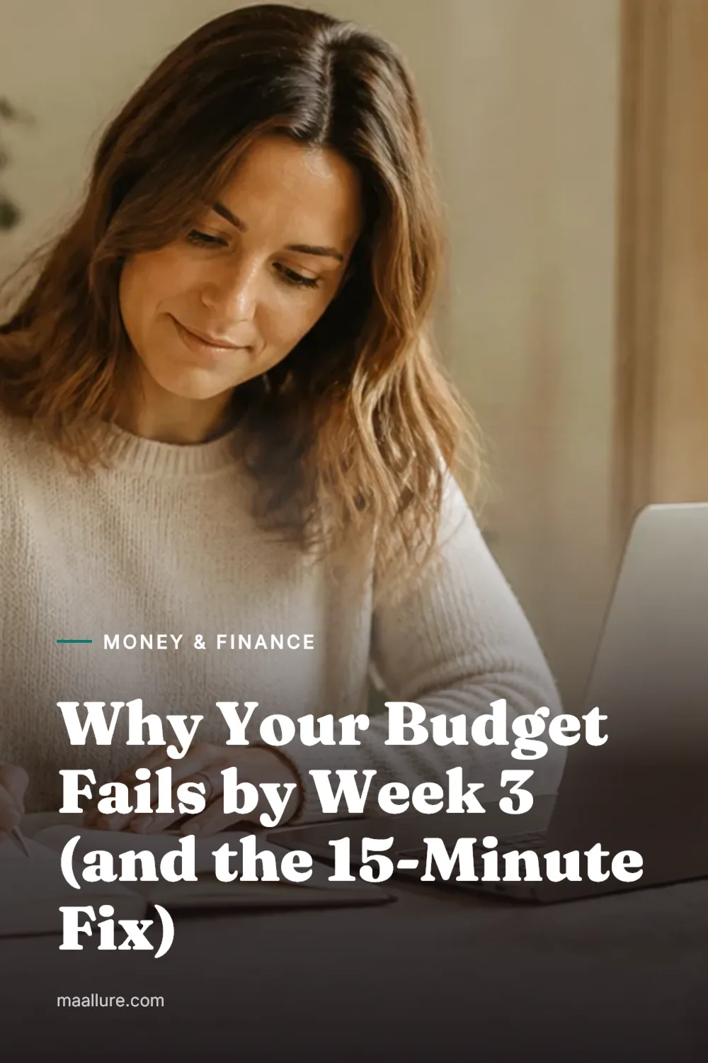 A woman calmly reviewing her monthly budget in a notebook beside a laptop and a cup of tea at a sunlit kitchen table