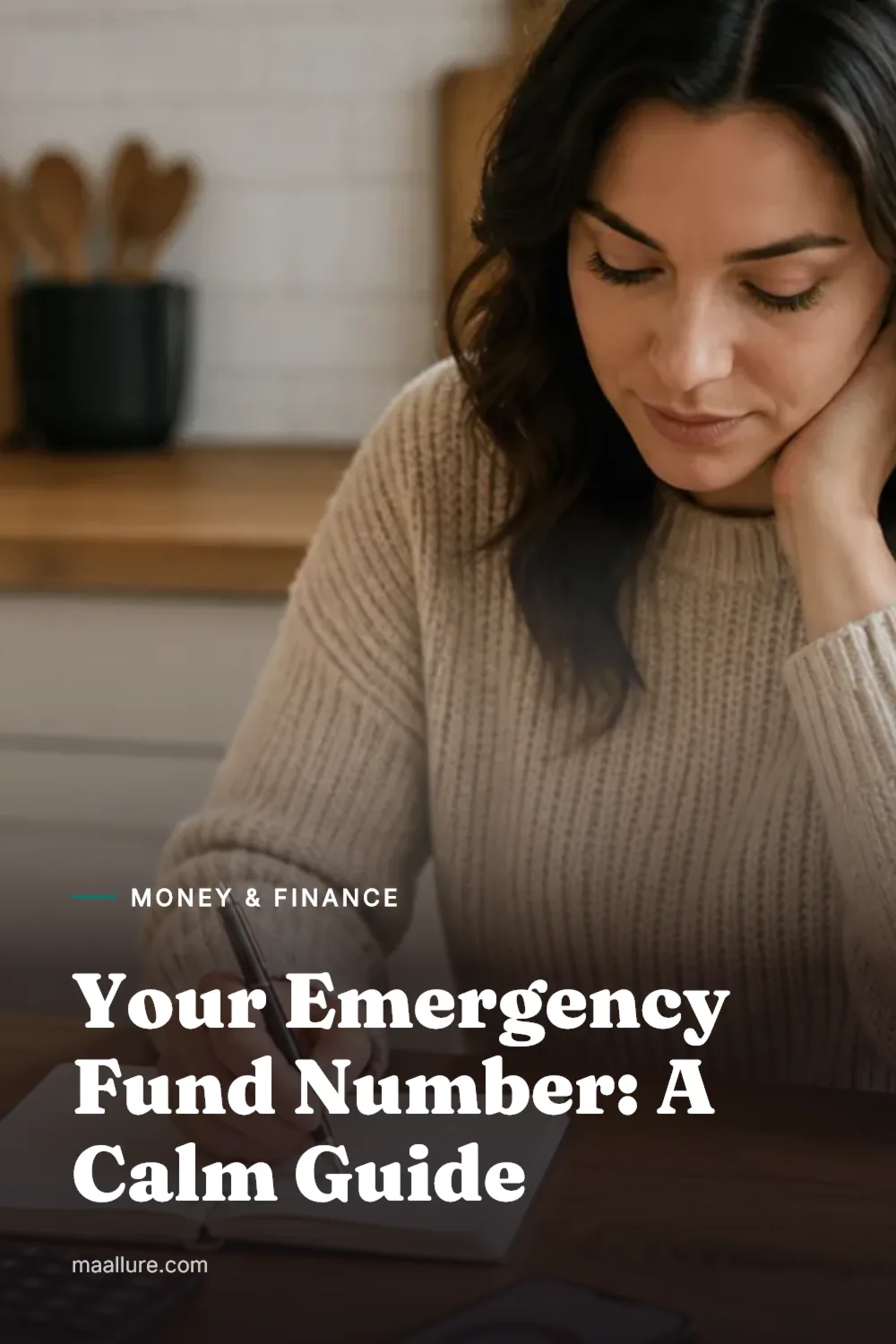 A woman reviewing her budget and savings at a kitchen table