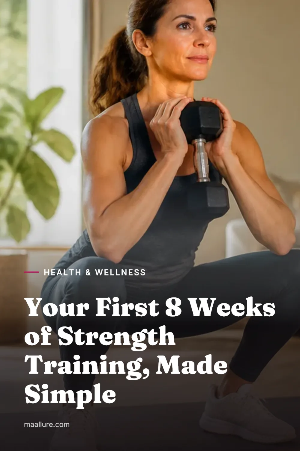 Woman doing a goblet squat with a dumbbell in a sunlit living room, with a resistance band and yoga mat on the floor nearby