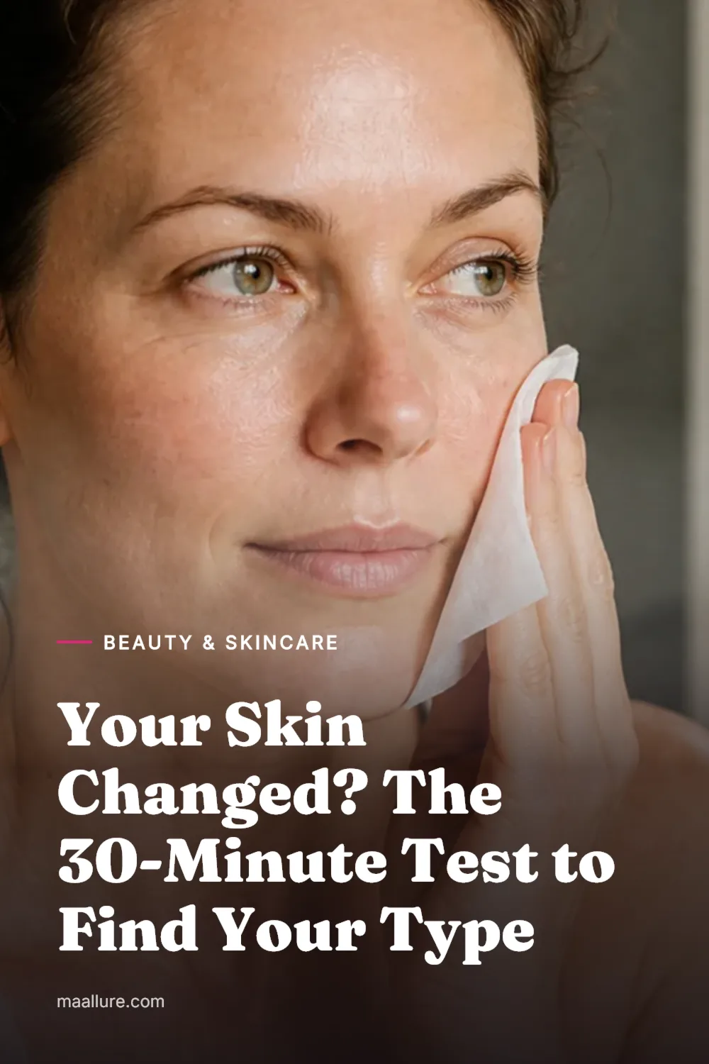 Woman in her forties with a bare, freshly cleansed face pressing a blotting paper to her cheek in soft natural window light