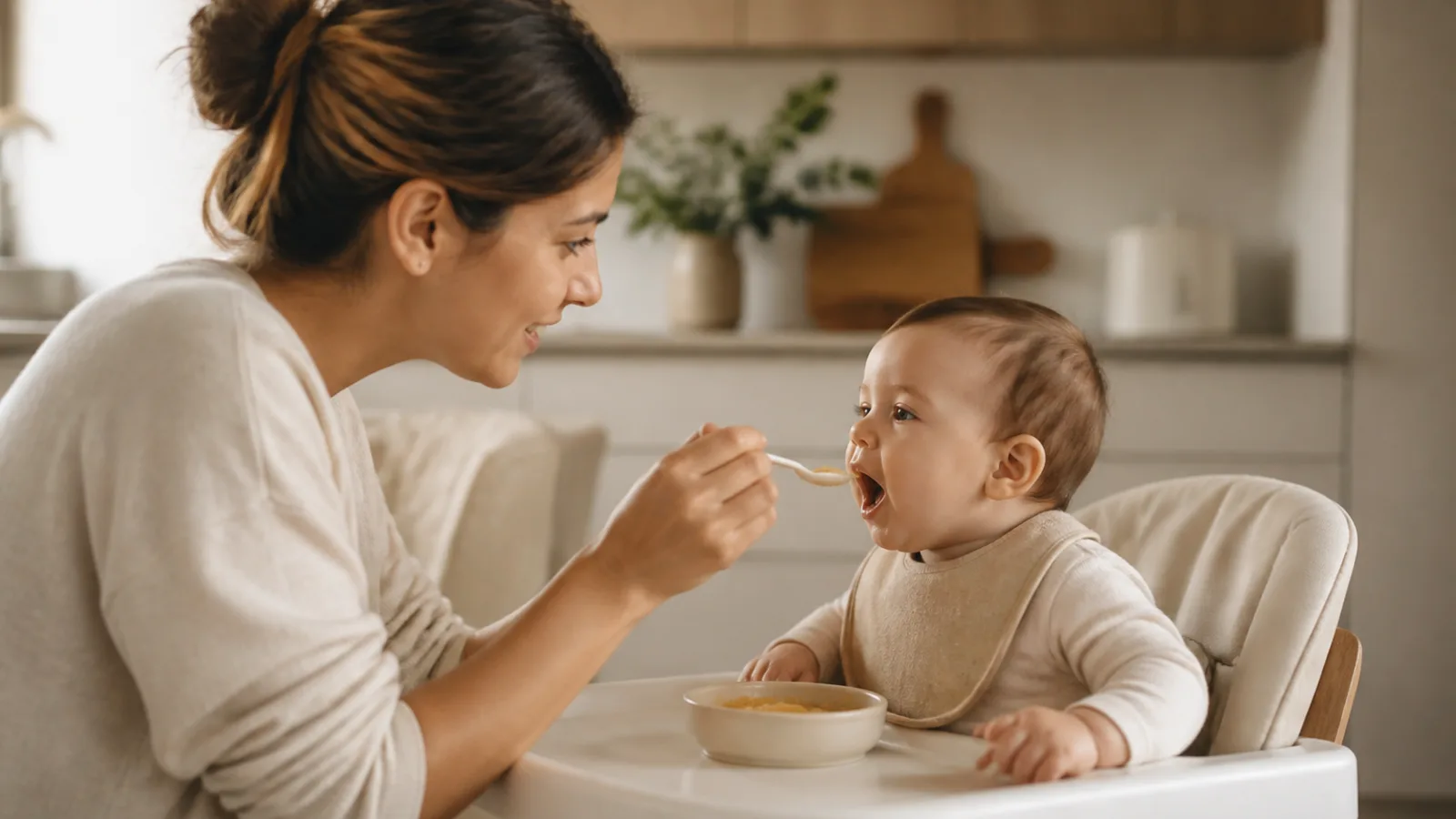 Parent offering soft first foods to a baby seated in a high chair in a bright kitchen
