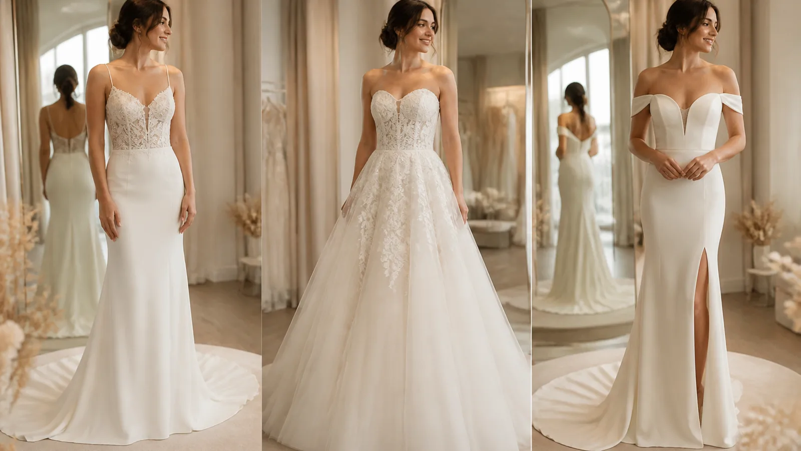 Bride trying on different wedding dress silhouettes in a bridal boutique