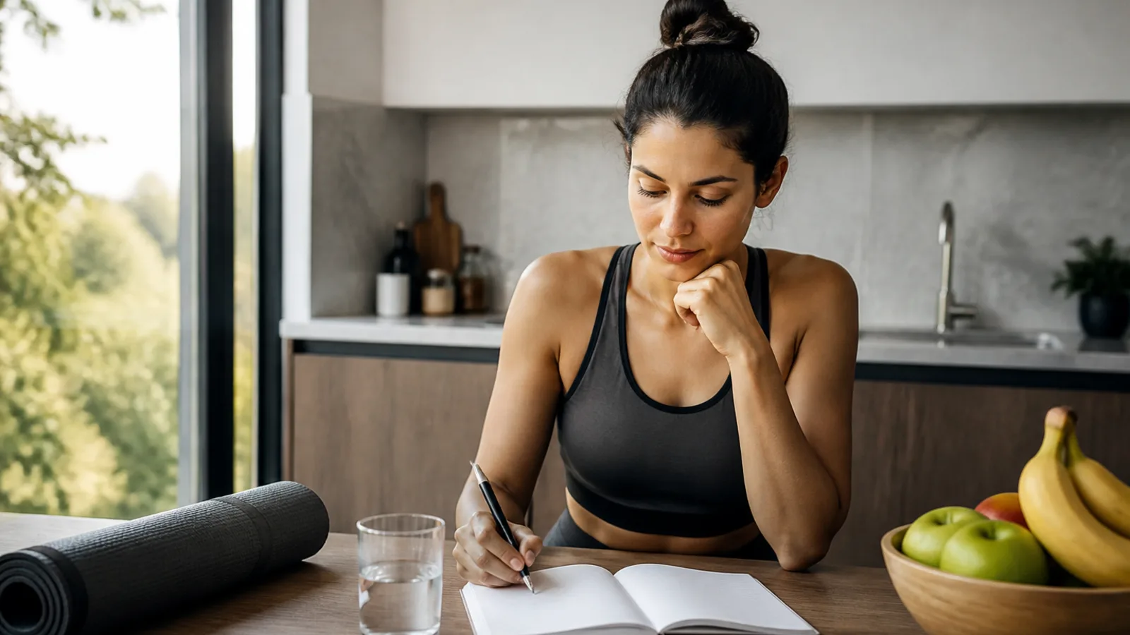 Woman in a bright kitchen reviewing her weight loss plan beside fruit and a workout mat