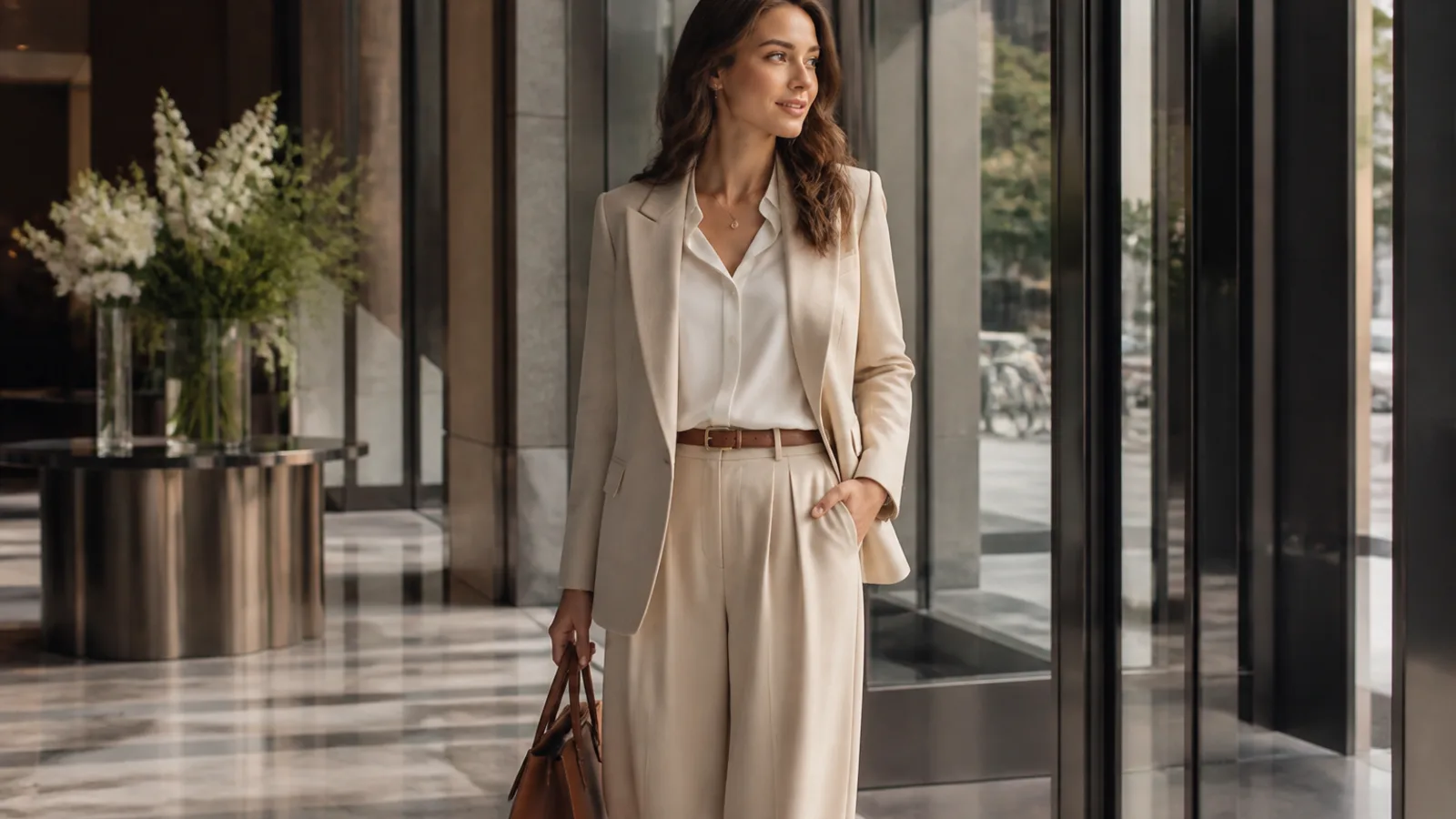 Woman in a tailored blazer and trousers preparing for a polished work event outfit