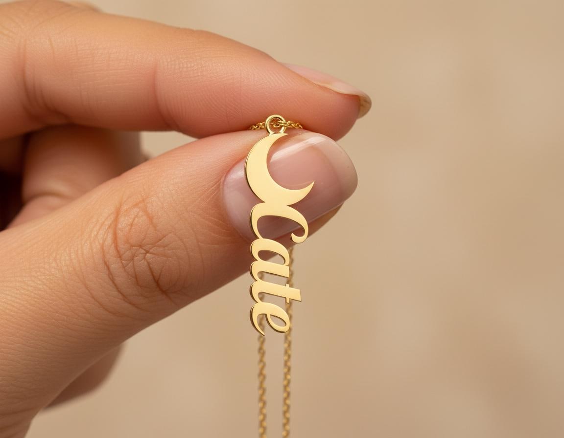 Personalized Name Necklace: Gold Plated Moon Shape Customizable Jewelry