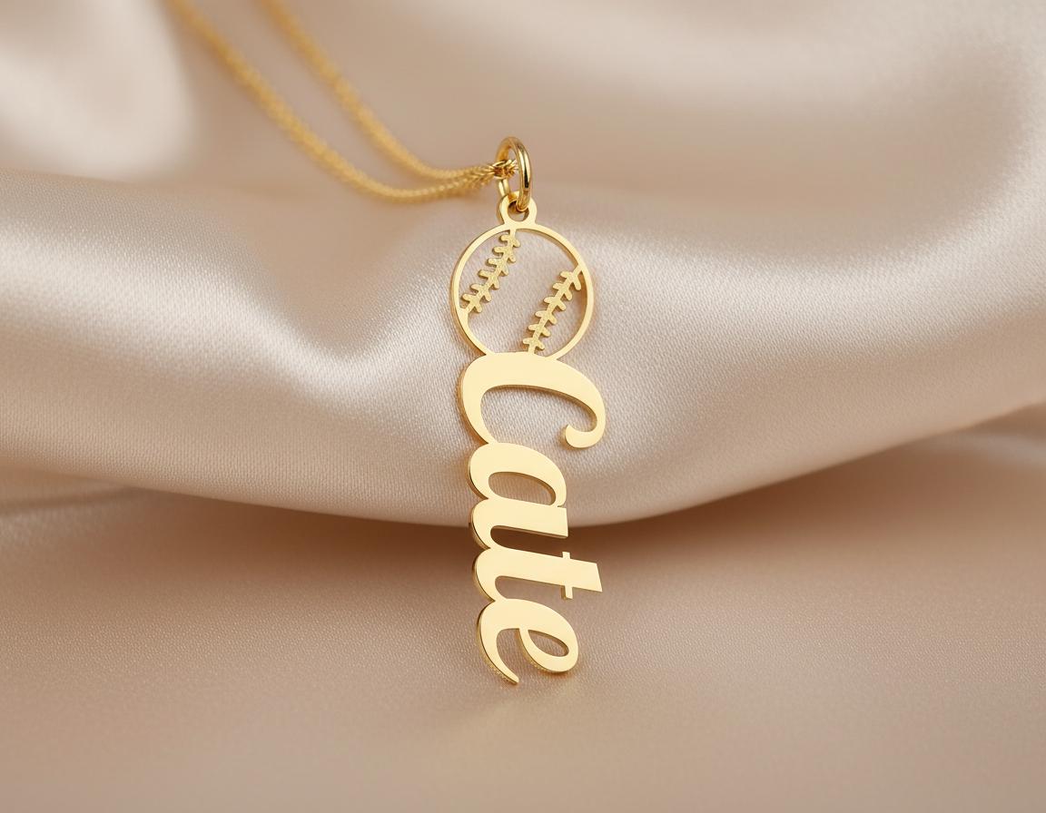 Baseball Name Necklace: Personalized Gold Finish Name Pendant