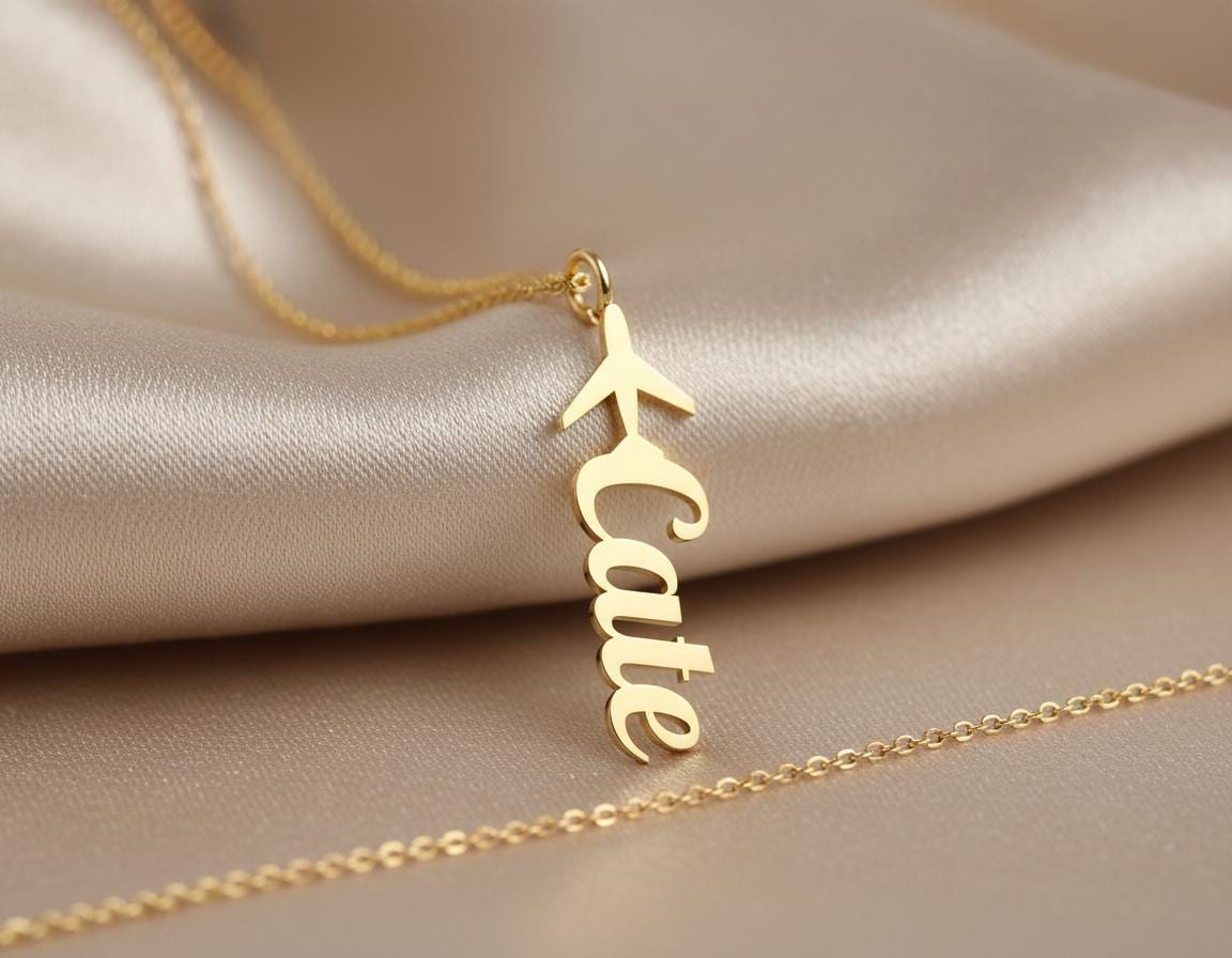 Airplane Name Necklace: Gold Plated Custom Pendant