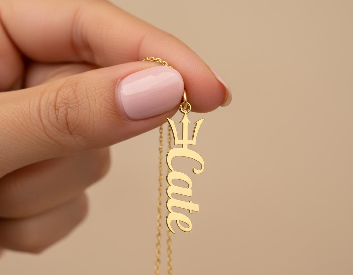 Trident Name Necklace: Gold Plated Personalized Pendant