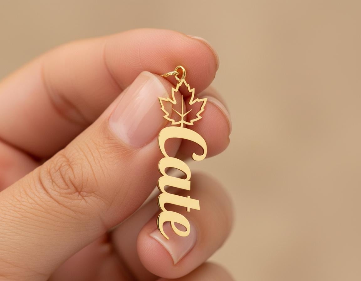 Name Necklace: Gold Finish Personalized Pendant With Maple Leaf