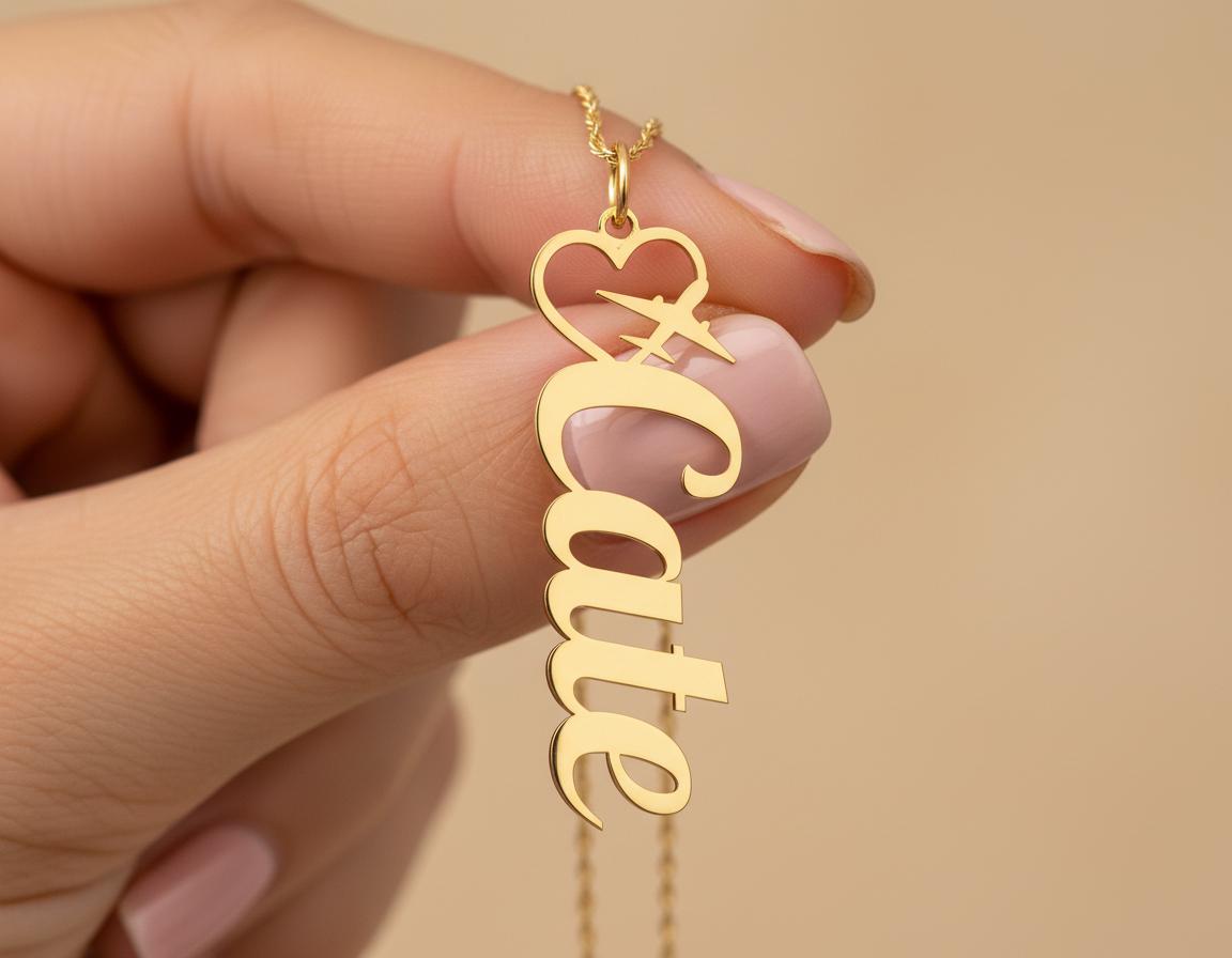Travel Name Necklace: Gold Plated Custom Cute Heart Airplane Pendant
