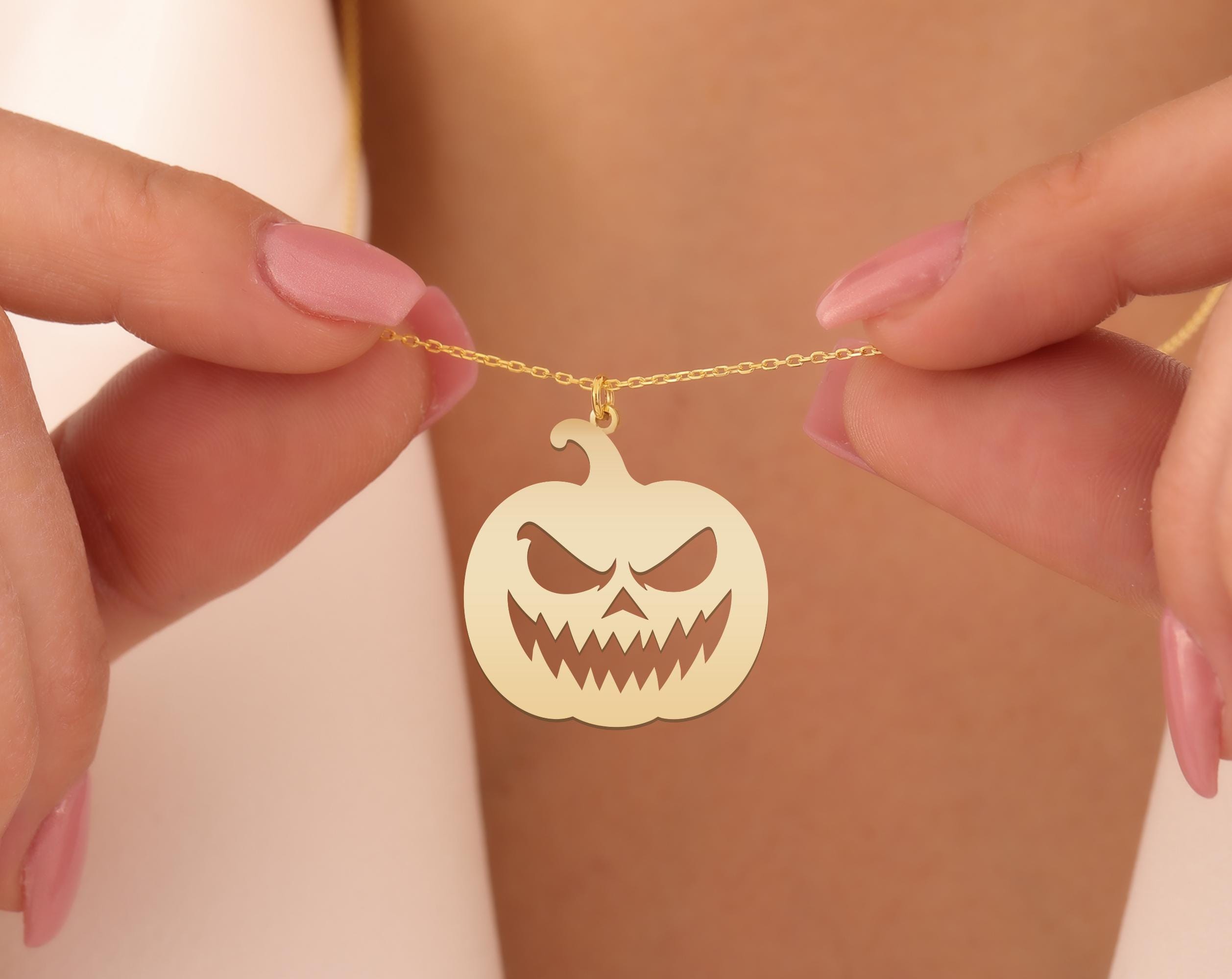 Halloween Pumpkin Necklace: Scary Jack O Lantern Pendant in Sterling Silver