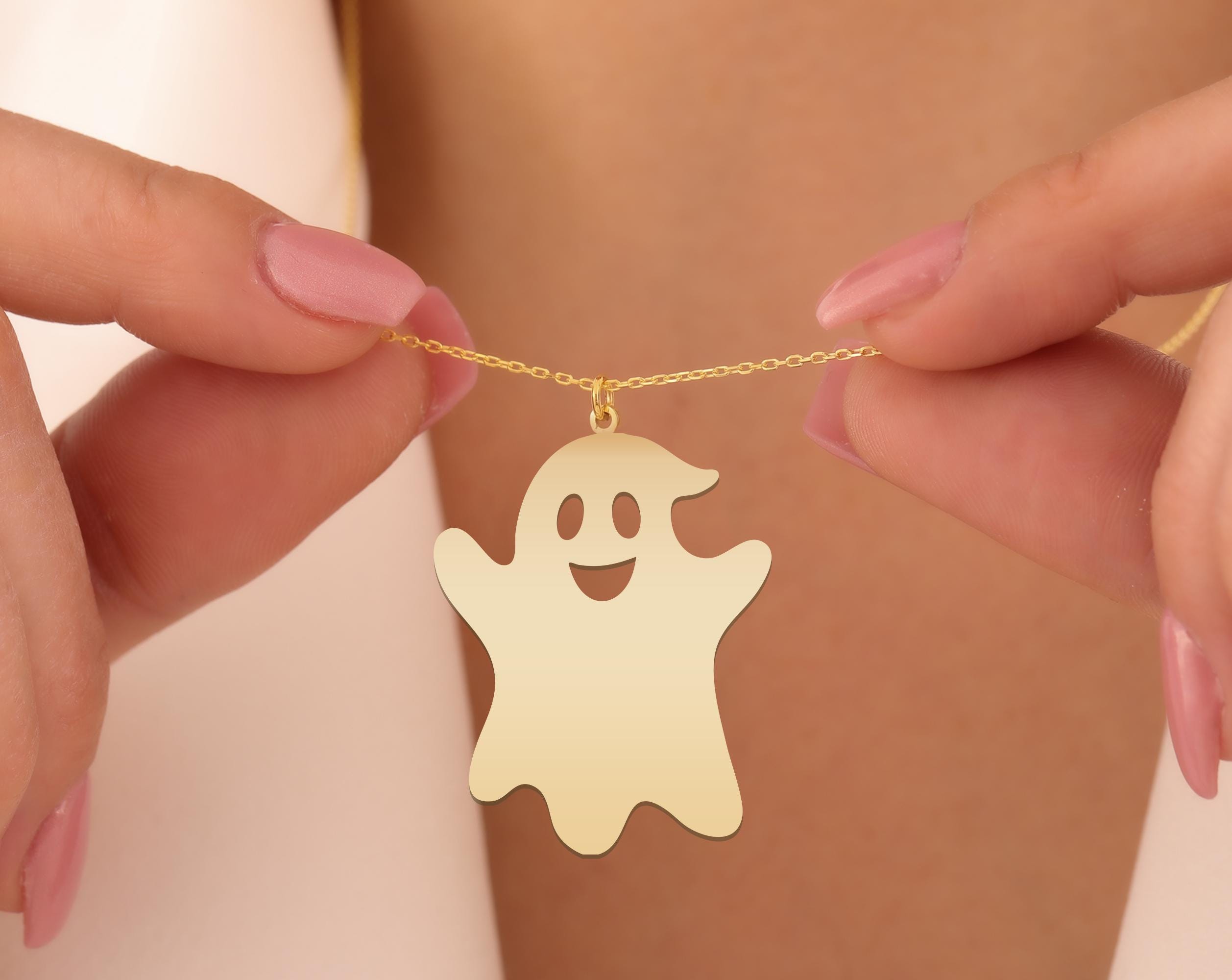 Halloween Ghost Necklace | Cute Spooky Spirit Pendant Jewelry Gift for Halloween Lovers and Costume Parties | Gold Plated Sterling Silver