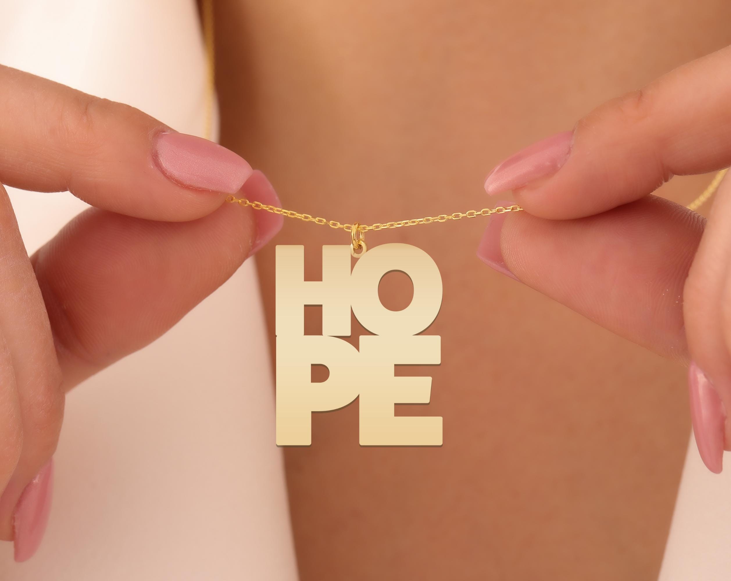 HO PE Necklace | Inspirational HOPE Word Jewelry Gift for Women | Gold Plated Sterling Silver Pendant | Positive Message Minimalist Design