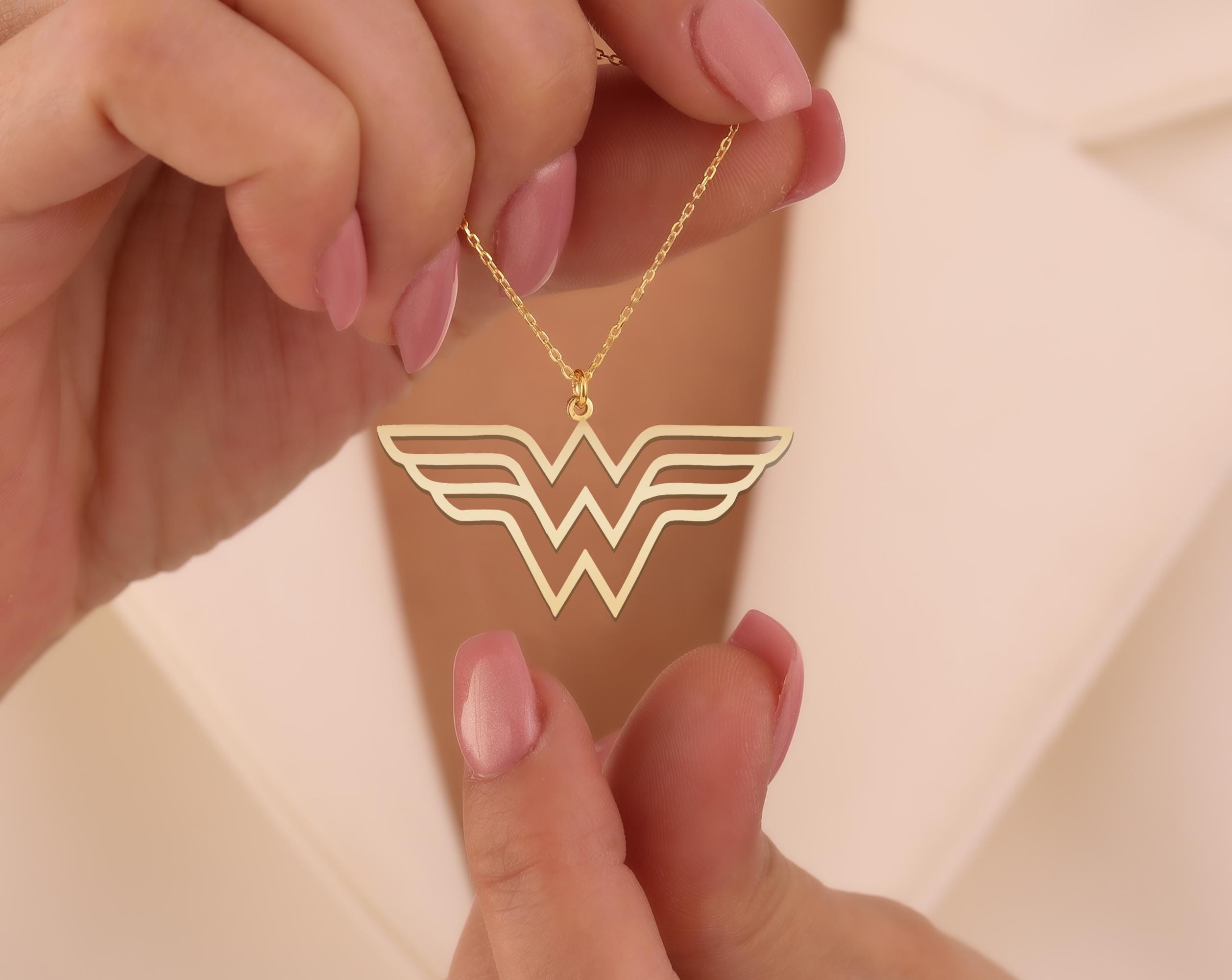 Wonder Woman Necklace | Winged W Pendant | Gold Plated Stylish Hero Symbol Necklace for Fans | Elegant Jewelry Gift