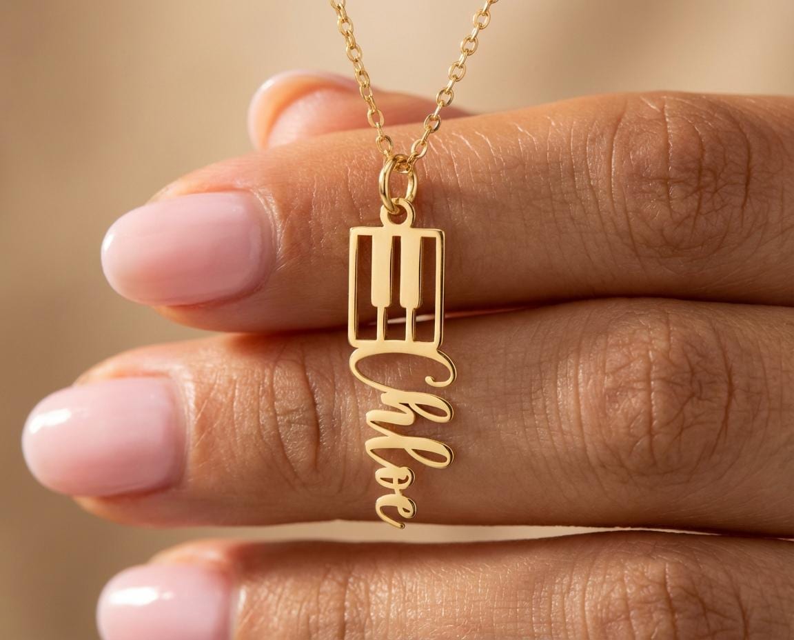 Personalized Piano Name Necklace: Gold Finish Music Theme