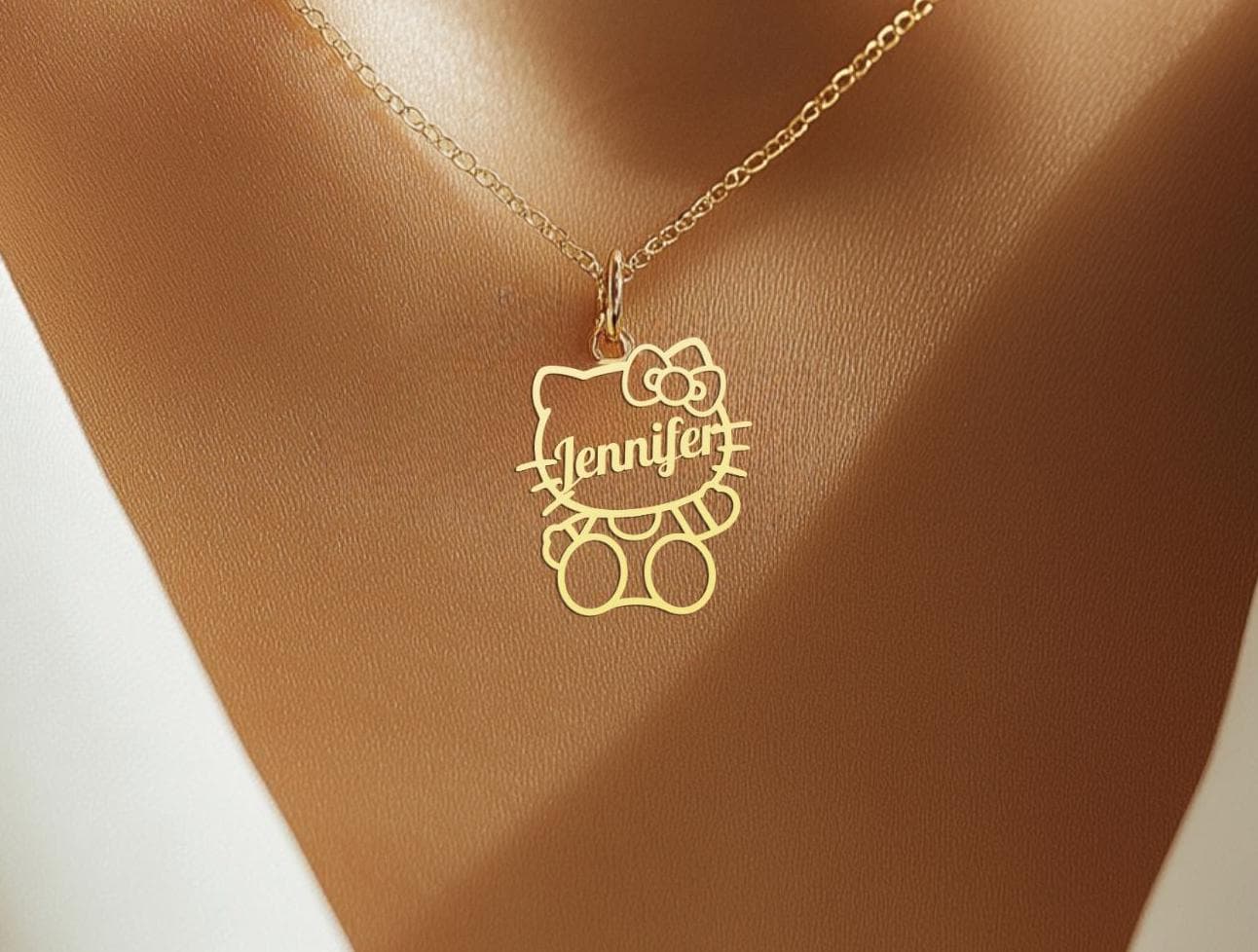 Kitty Name Necklace - Personalized Gold Plated Pendant - Cute Cat Bow Jewelry - Custom Kitty Charm Necklace