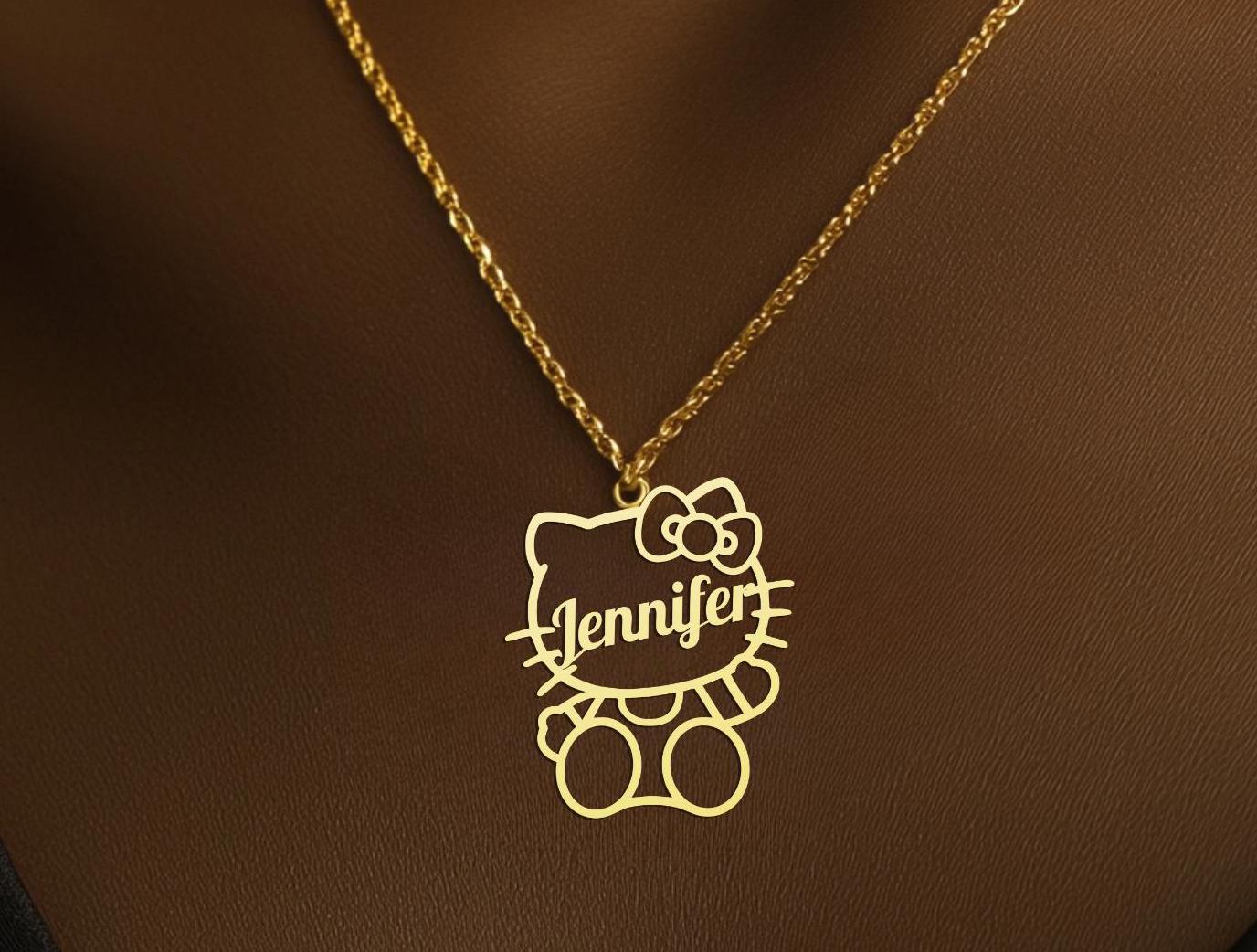 Custom Kitty Name Necklace - Personalized Name Gold Plated Pendant - Cute Cat Bow Jewelry - Custom Kitty Charm Necklace