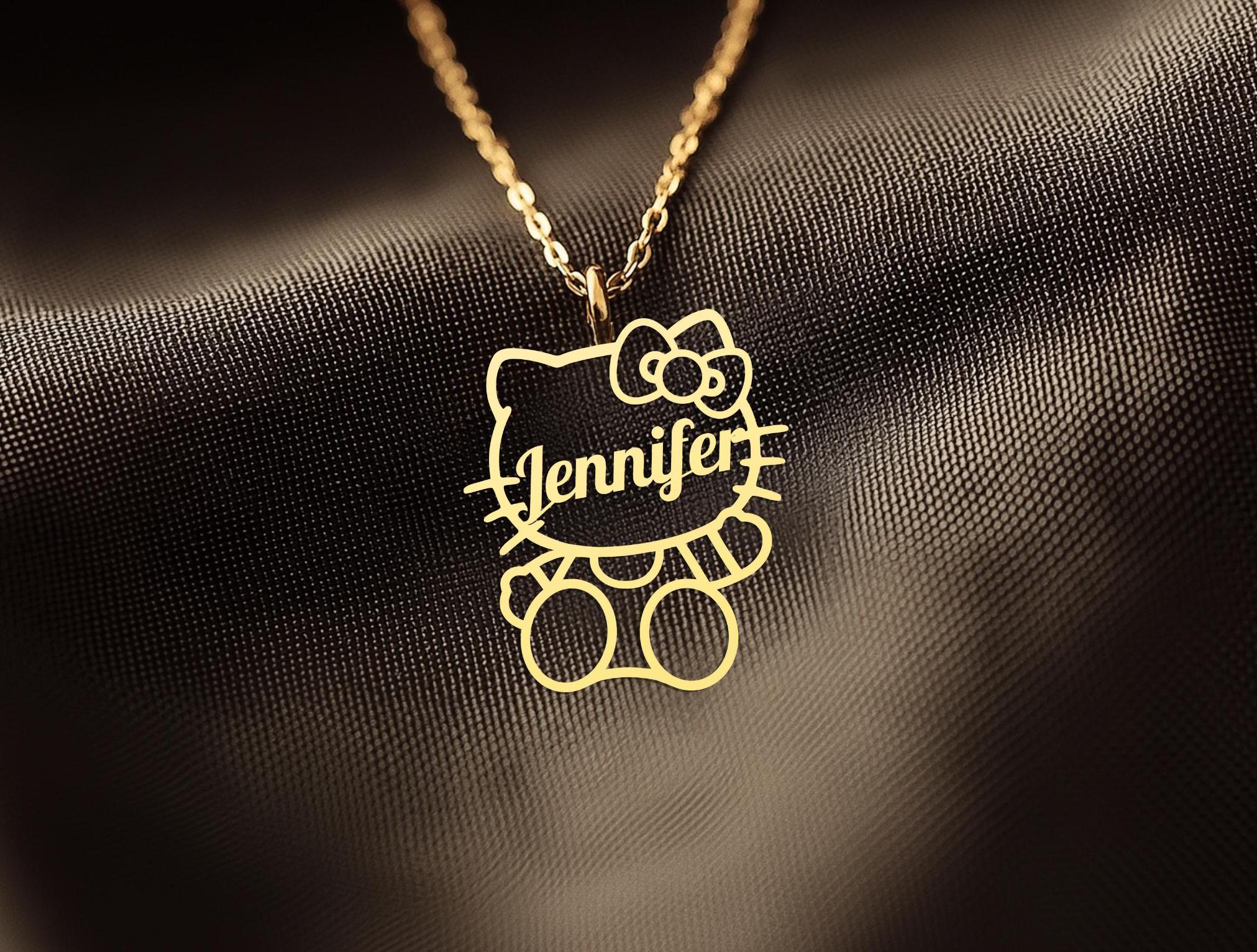 Custom Cute Cat Name Charm - Personalized Kitty Name Gold Plated Pendant - Cute Cat Bow Jewelry - Custom Kitty Charm Necklace