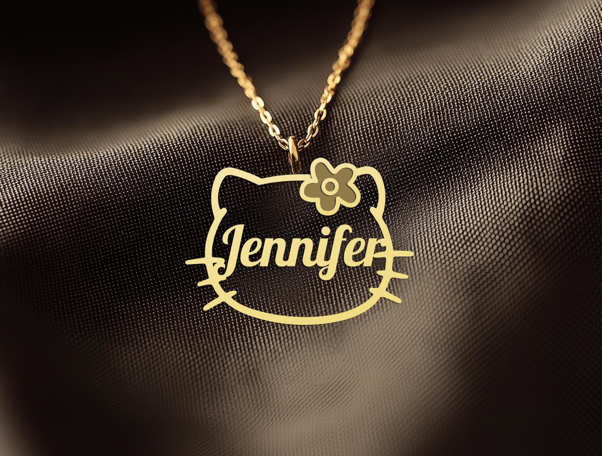Kitty Flower Name Necklace - Cute Cat Personalized Pendant - Gold Plated Kitty Jewelry for Women - Custom Name Necklace