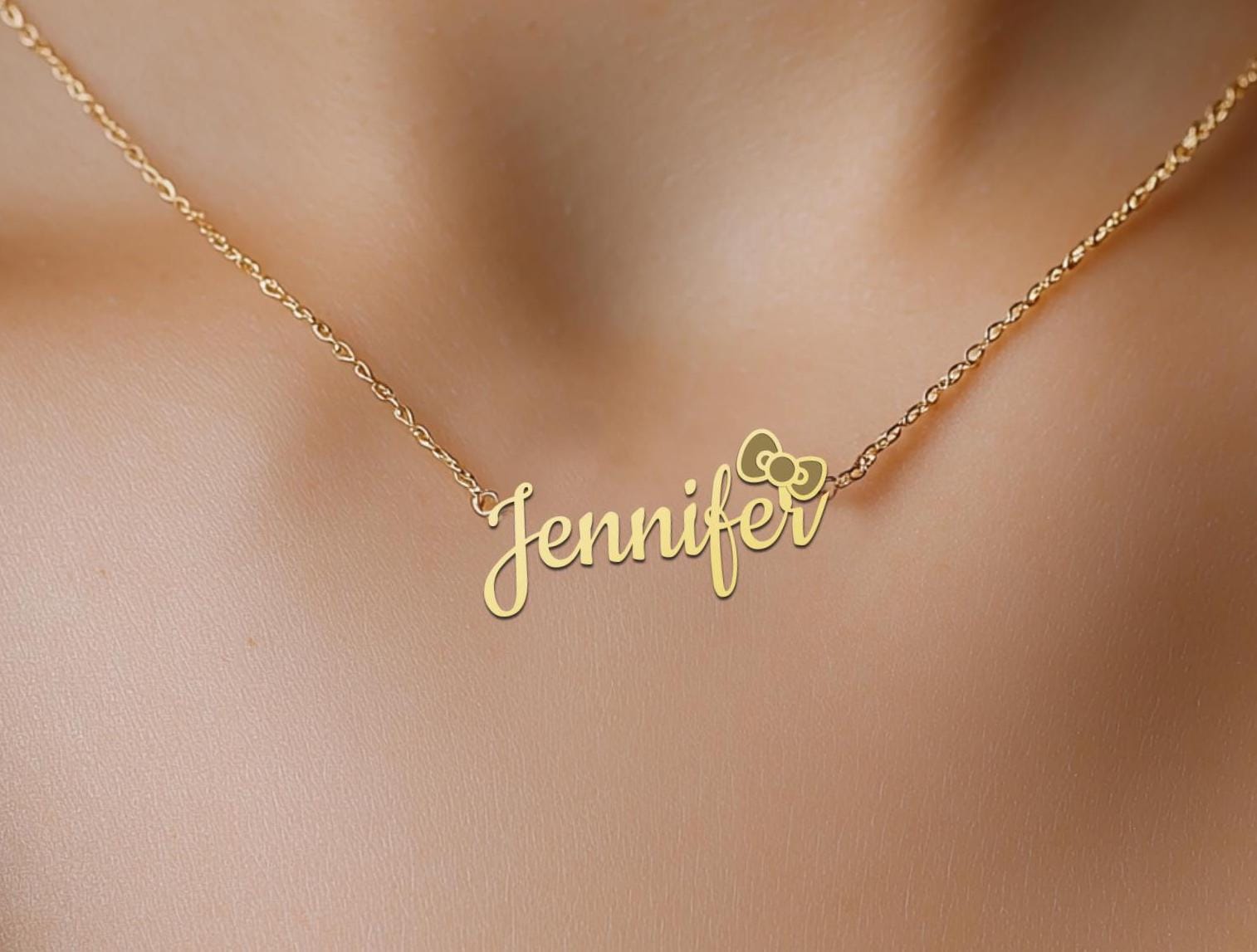 Personalized Name Necklace with Bow - Custom Gold Plated Pendant - Cute Jewelry for Women