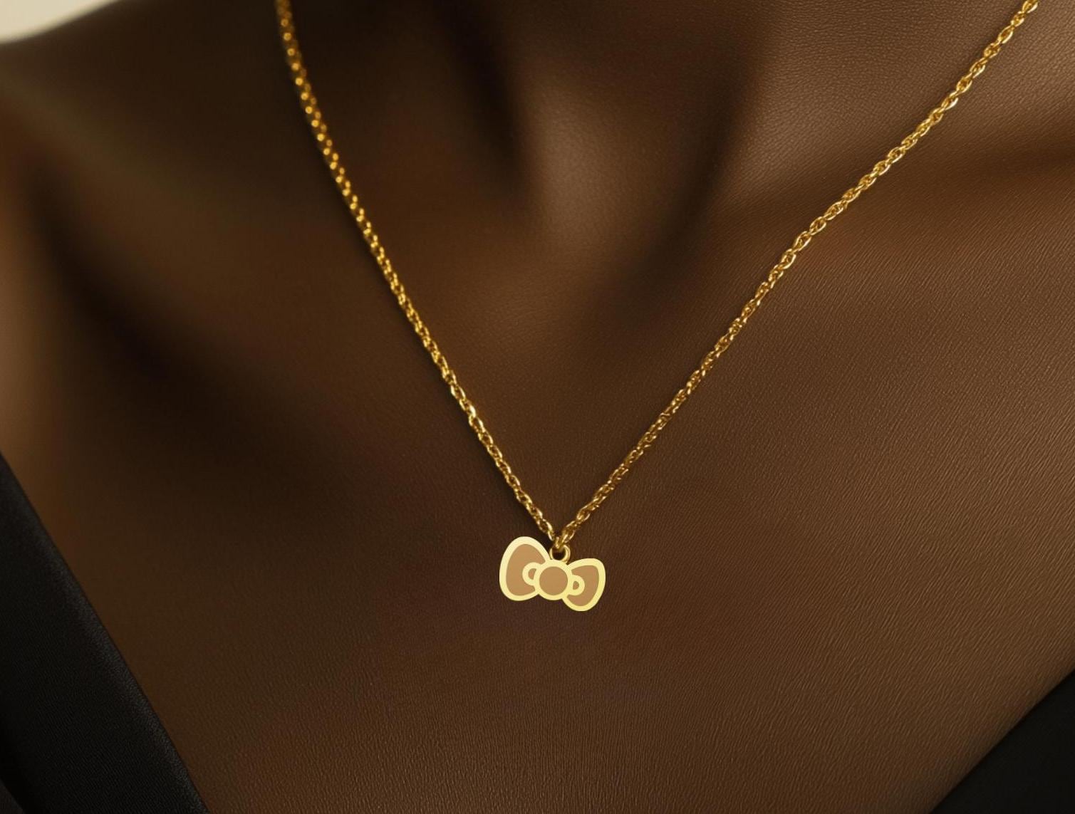 Bow Necklace - Kitty Bow Pendant - Cute Bow Charm - Adorable Bow Charm Necklace - Gold Plated Minimalist Jewelry for Women