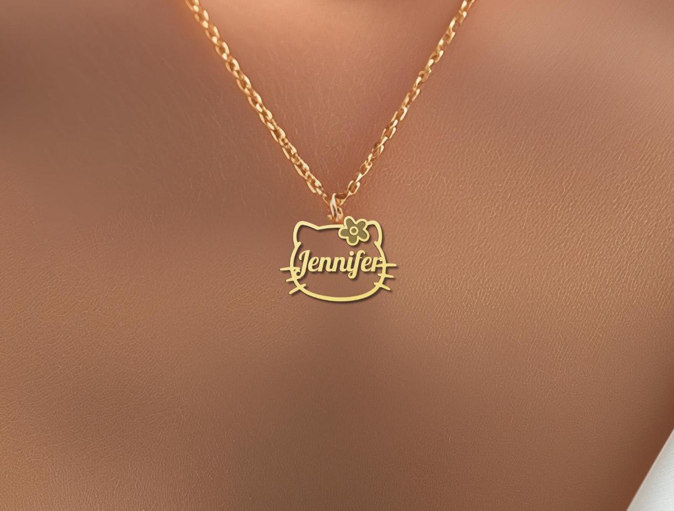 Cute Cat Floral Name Necklace - Kitty Personalized Pendant - Gold Plated Kitty Jewelry for Women - Custom Name Necklace