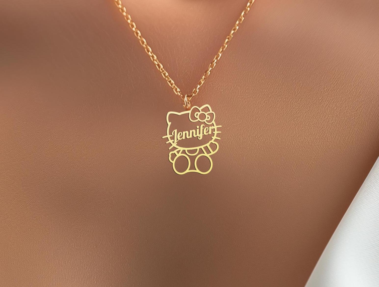 Kitty Name Necklace - Custom Name Gold Plated Pendant - Cute Cat Bow Jewelry - Custom Kitty Charm Necklace