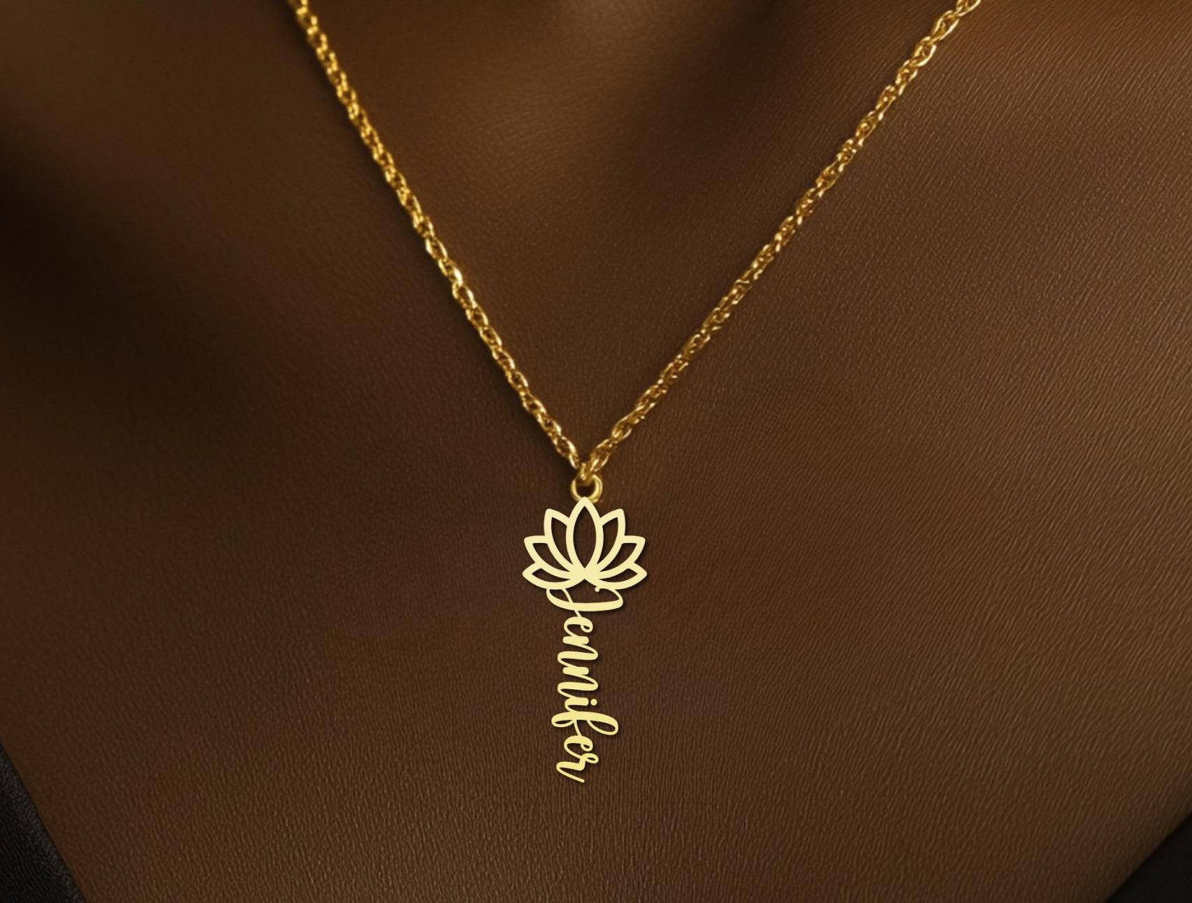 Lotus Name Necklace - Custom Gold Plated Pendant - Elegant Script Jewelry for Women