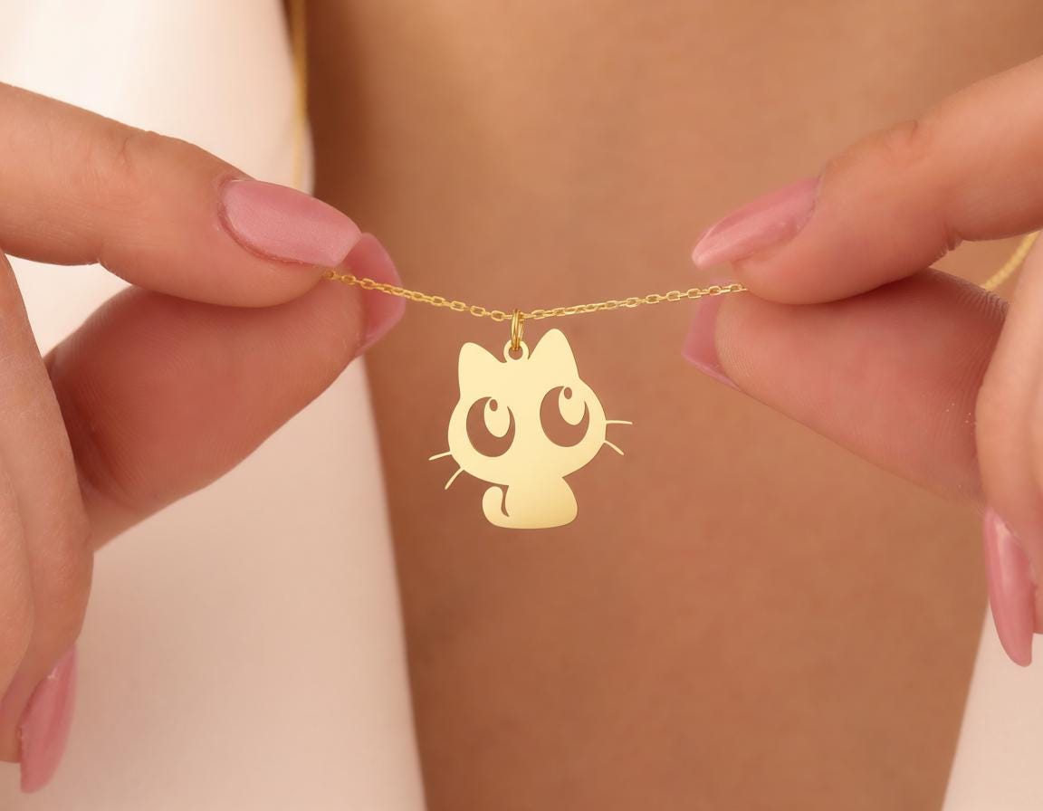 Cat Pendant Necklace: Gold Tone Cute Animal Design