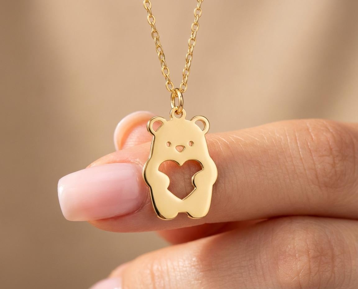 Bear Pendant: Gold Plated Cute Animal Necklace With Heart