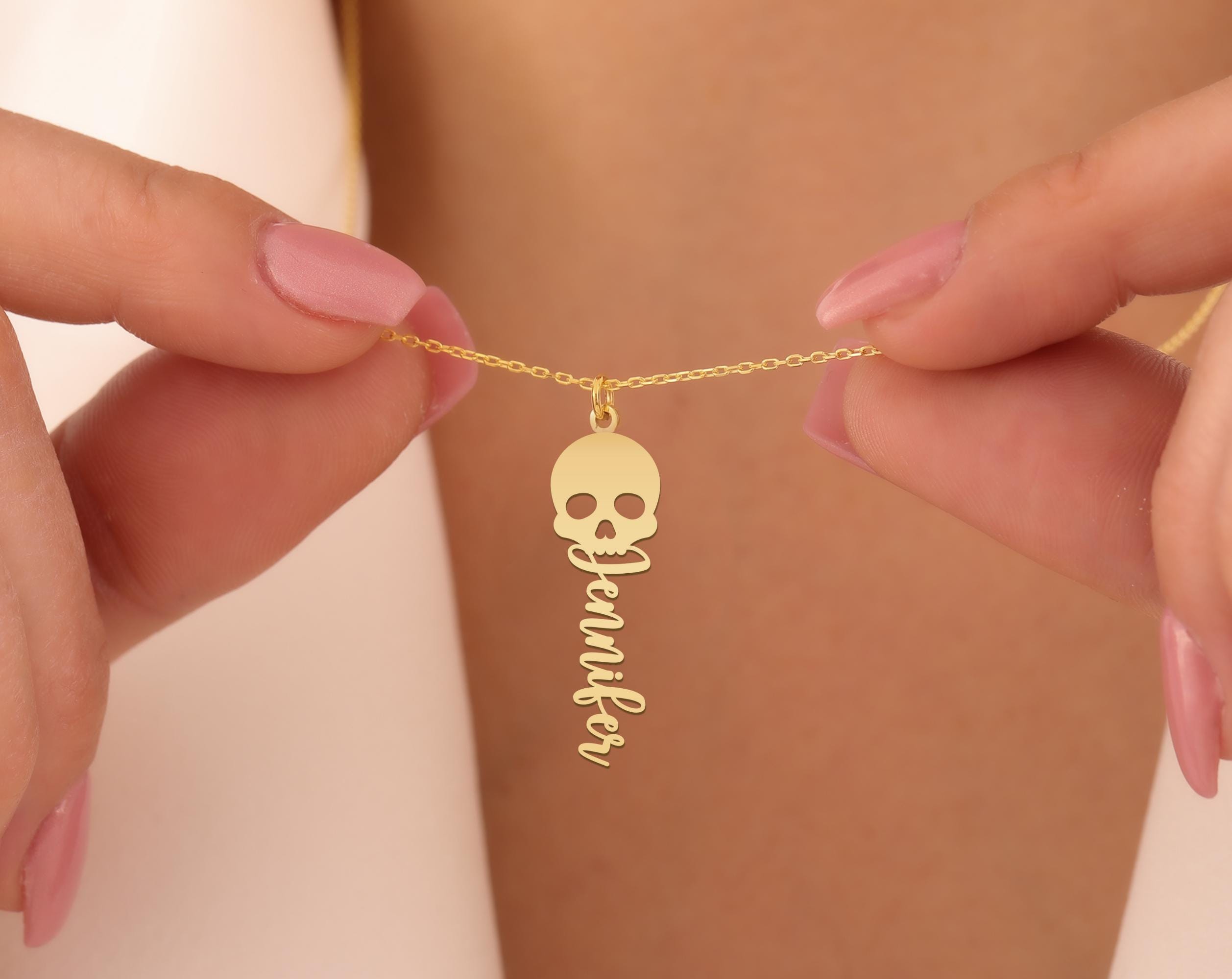 Personalized Skull Necklace with Custom Name, Edgy Gold-Plated Pendant, Unique Gothic Jewelry for Men and Women, Gift for Loved Ones