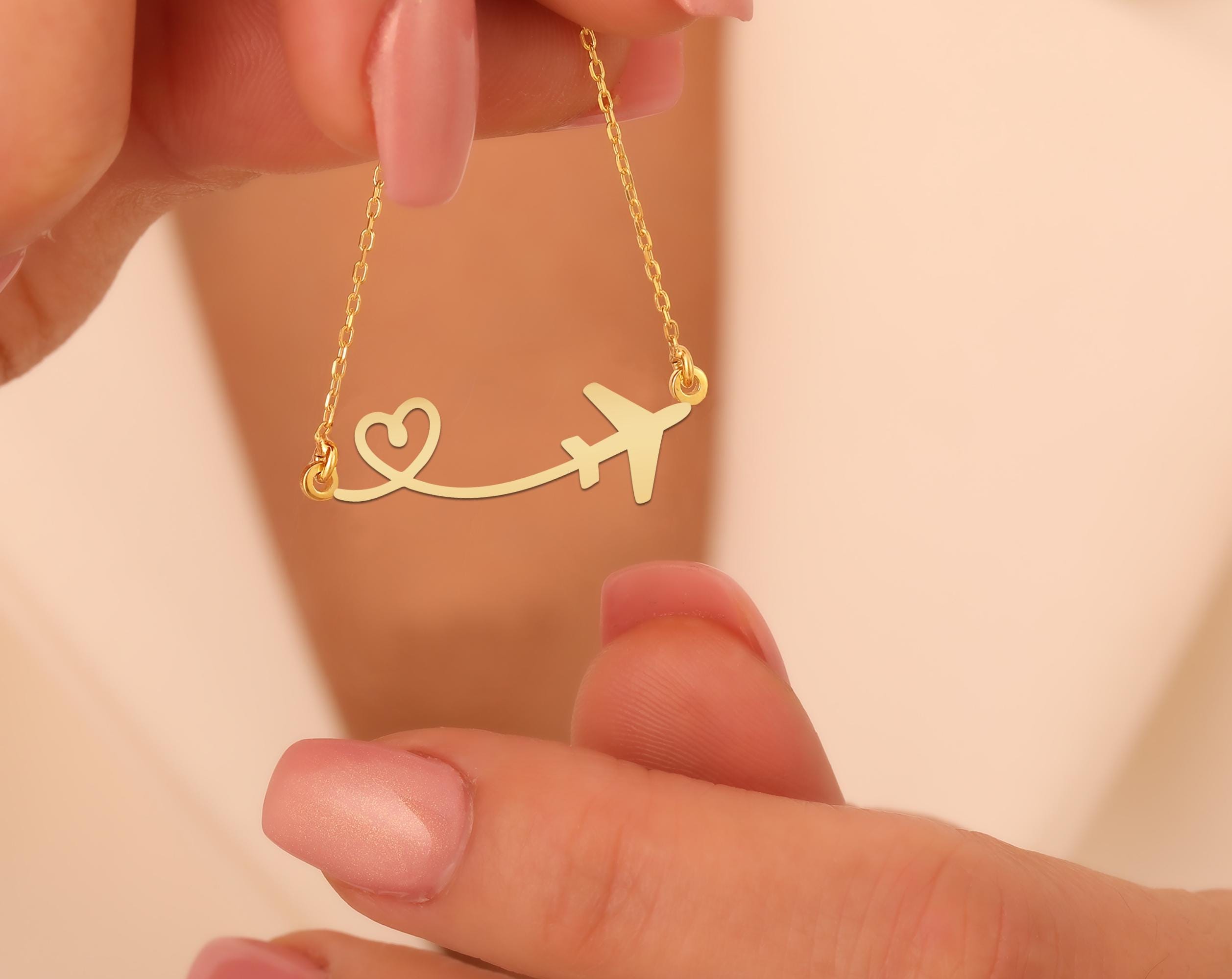 Airplane Necklace | Travel-Inspired Pendant with Heart Design | Gold Plated Jewelry for Women | Unique Adventure Gift