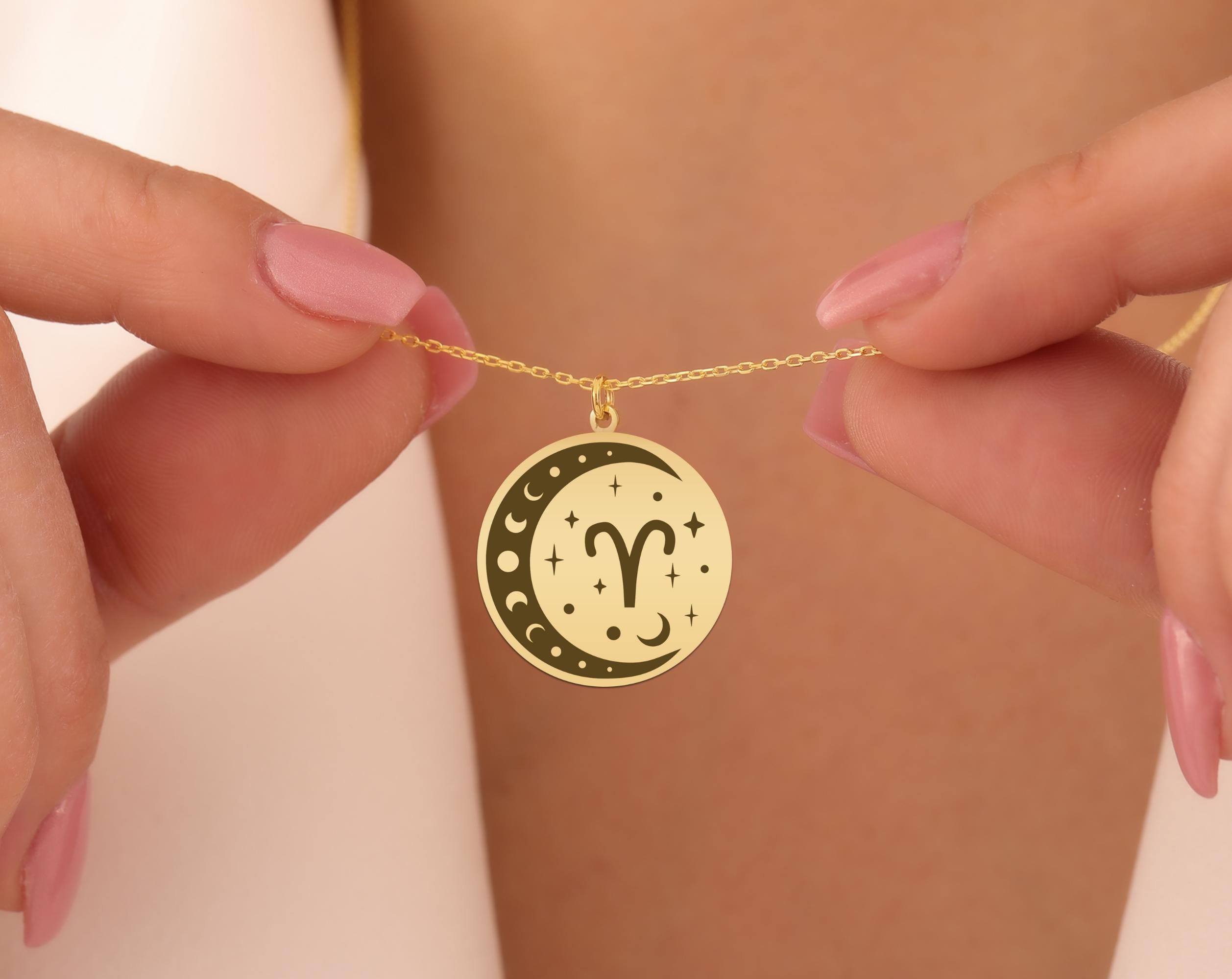 Aries Zodiac Moon Necklace - Gold-Plated Astrology Pendant for Women - Bold Ram Sign Jewelry - Celestial Aries Birthday Gift Idea