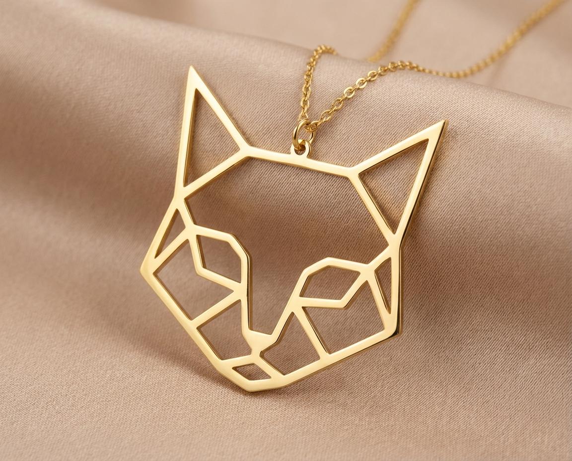 Cat Necklace: Gold Plated Geometric Cat Pendant