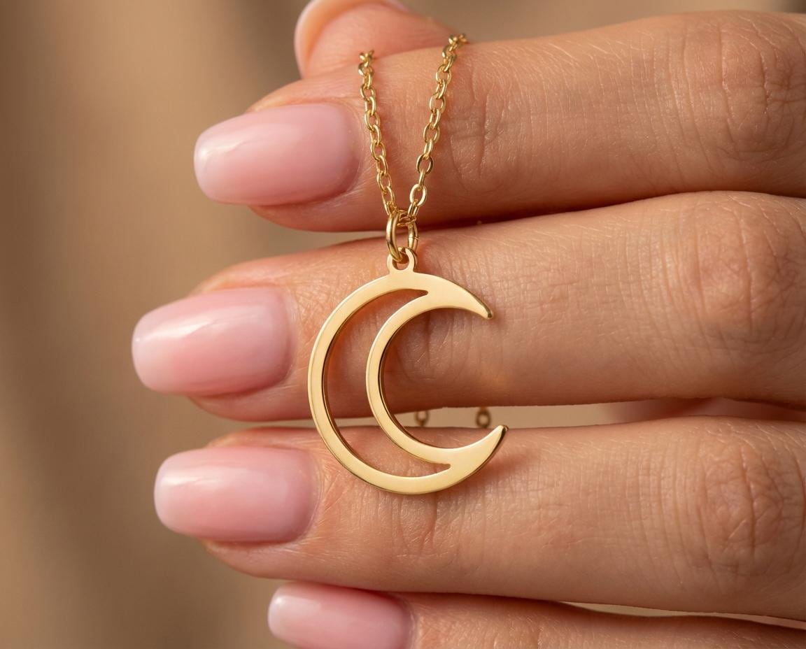 Moon Pendant Necklace: Gold Tone Crescent Charm