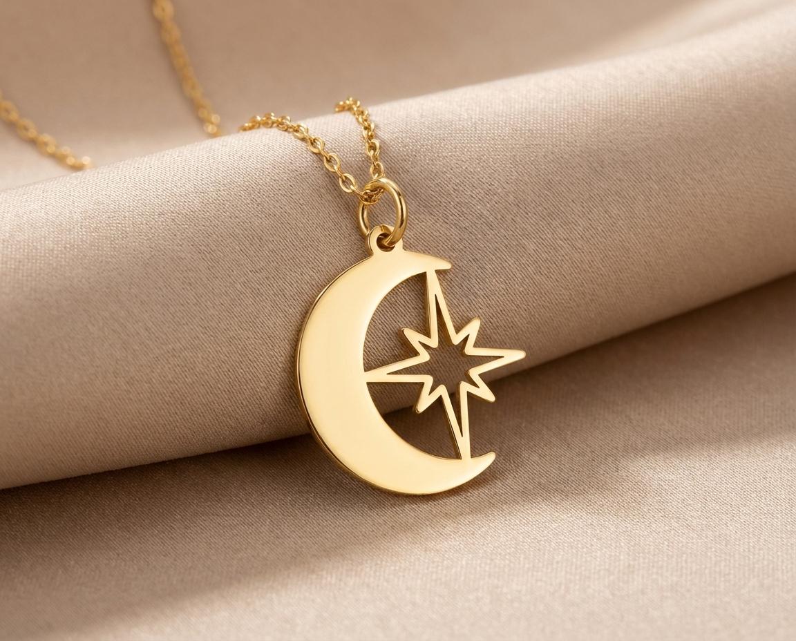 Moon And Star Pendant: Gold Plated Necklace With Celestial Motif