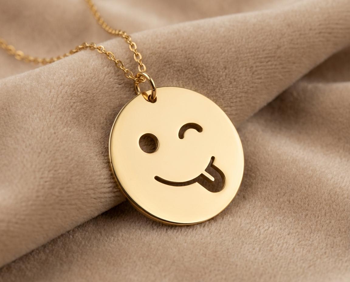 Smiley Face Pendant: Gold Plated Tongue-Out Fun Charm Necklace