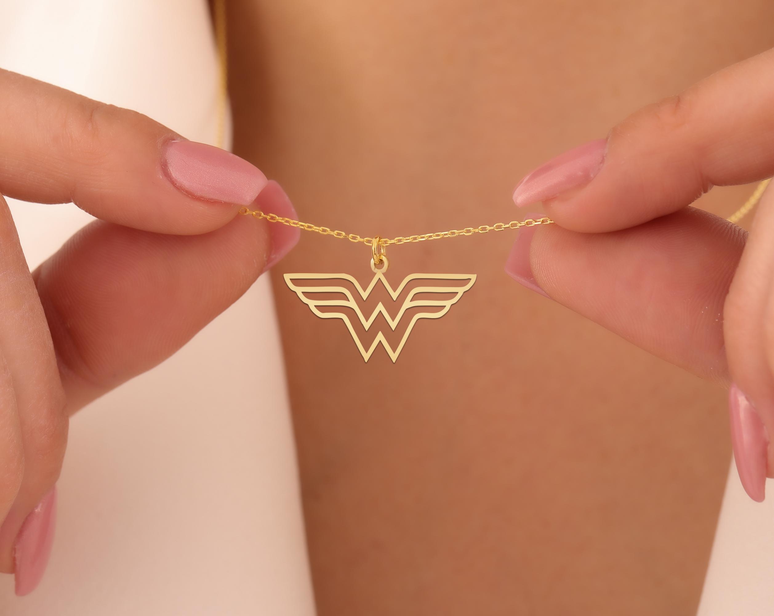Gold-Plated Wonder Woman Inspired Necklace | Winged W Pendant | Stylish Hero Symbol Necklace for Fans | Elegant Jewelry Gift