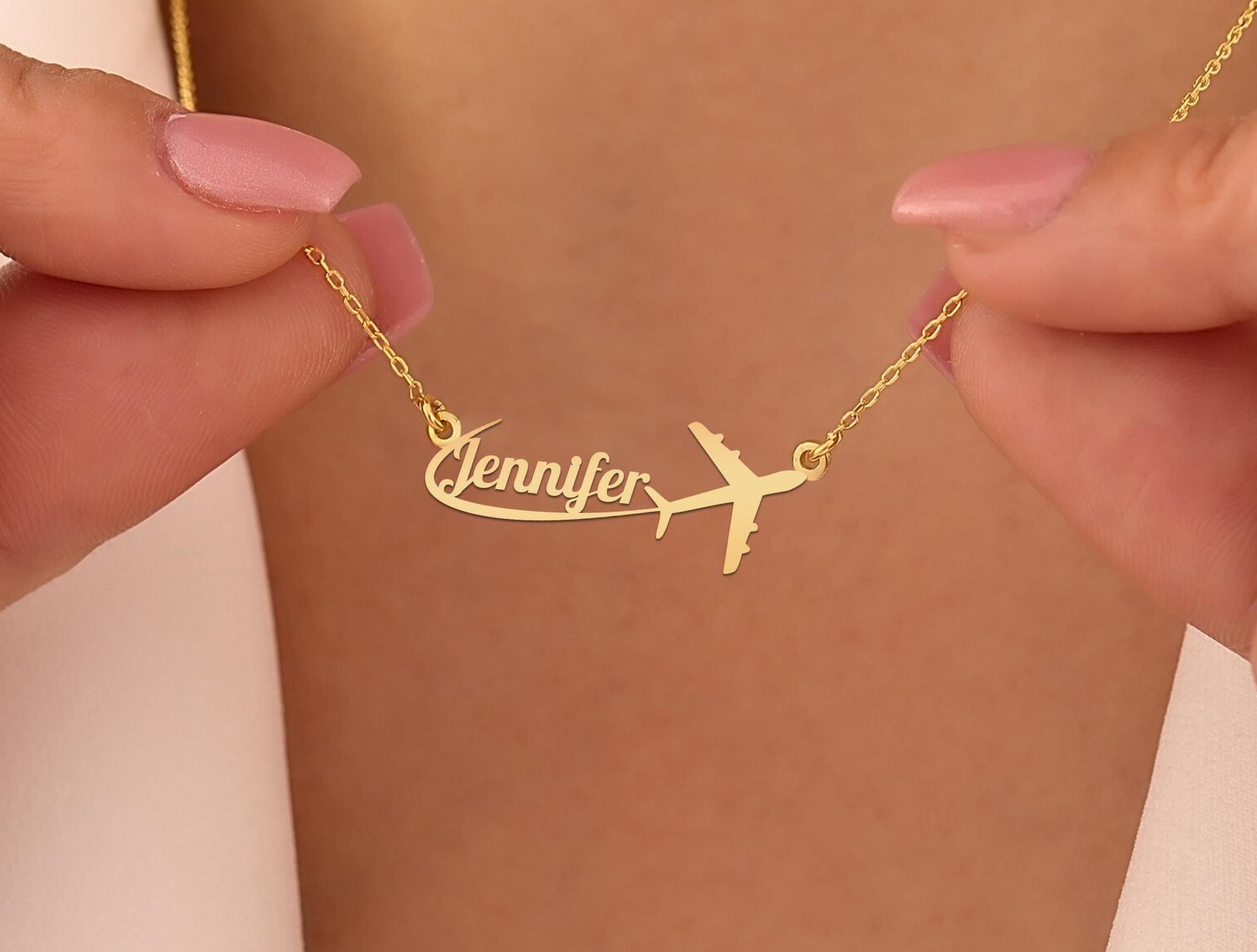 Custom Travel Name Necklace | Airplane Pendant in Gold | Unique Gift for Travel Lovers, Pilots & Flight Attendants