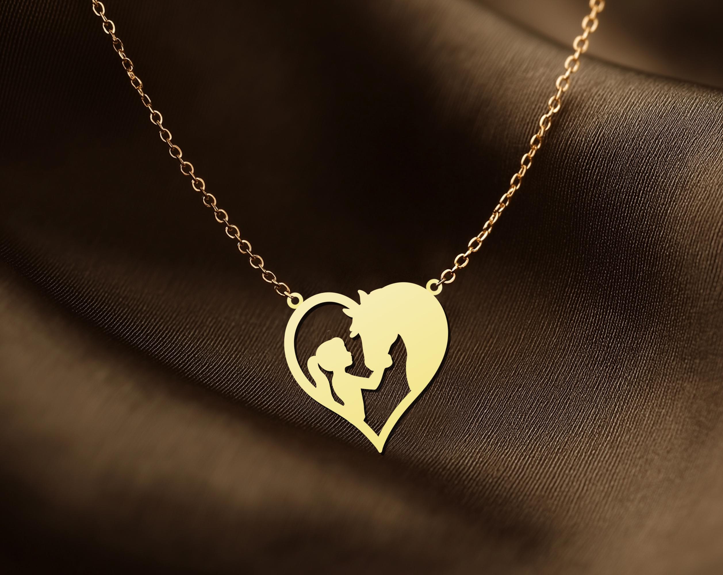 Horse Necklace | Girl and Horse Heart Necklace | Gold Plated Equestrian Gift for Horse Lovers | Horse and Rider Jewelry