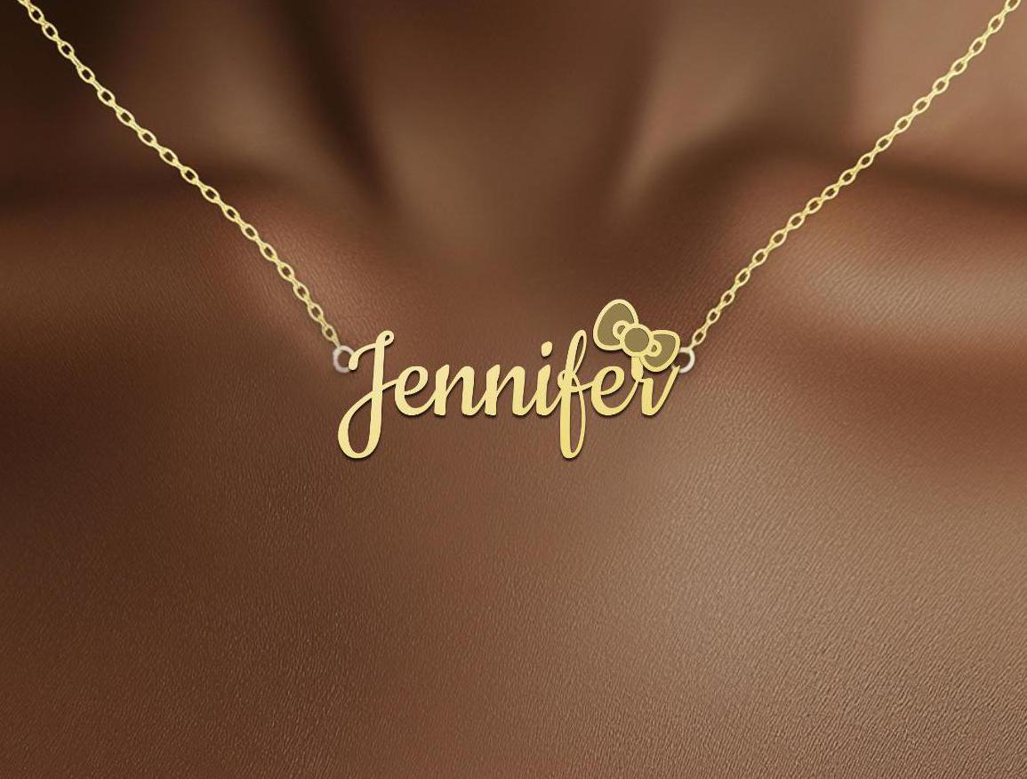 Custom Name Necklace with Bow - Personalized Gold Plated Jewelry - Cute Script Name Pendant for Women
